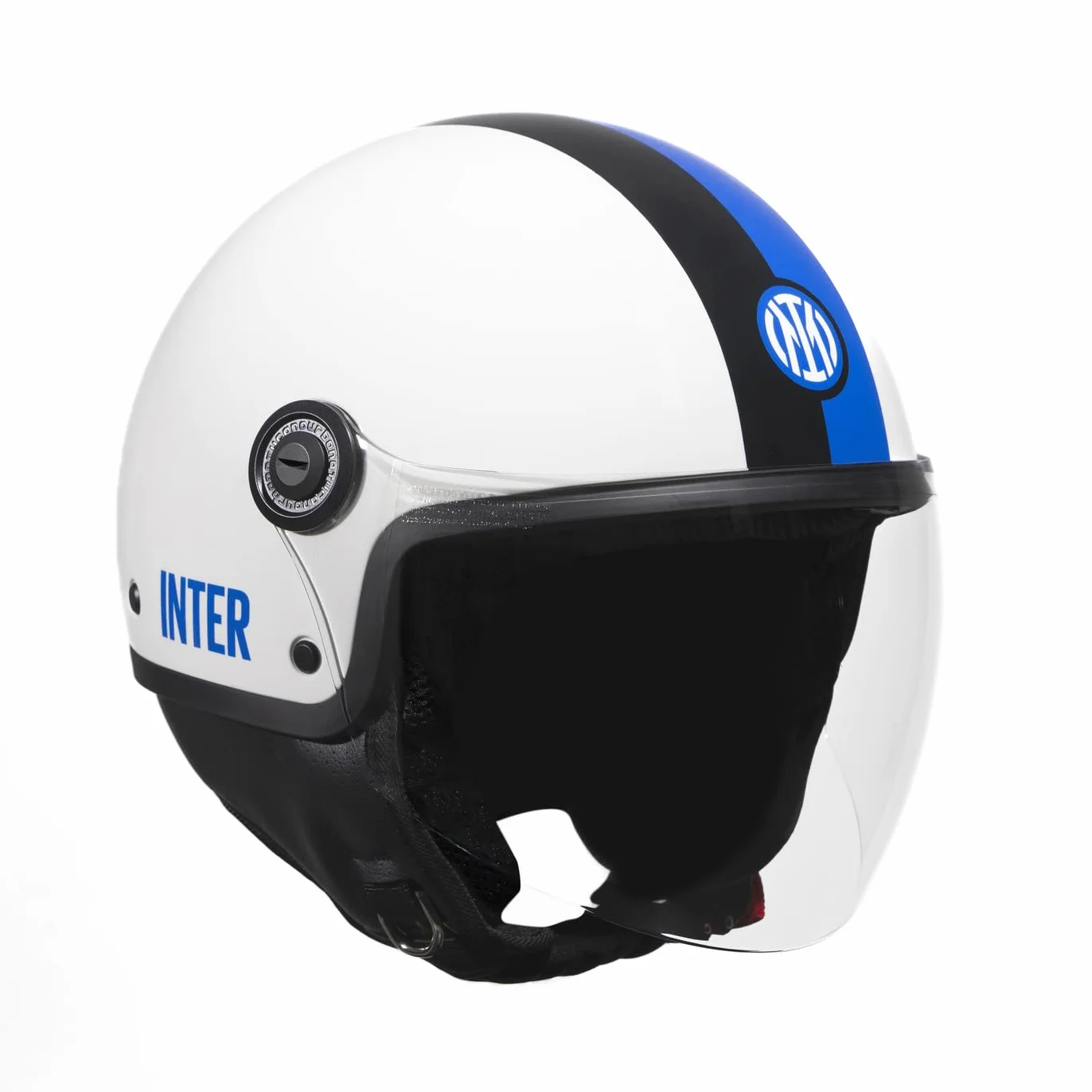 Tucano Urbano casco demi jet unisex EL'JETTIN INTER. Casco moto in policarbonato con grafica originale Inter FC. Casco estate inverno omologato ECE 22.06. Prodotto con Licenza Ufficiale.