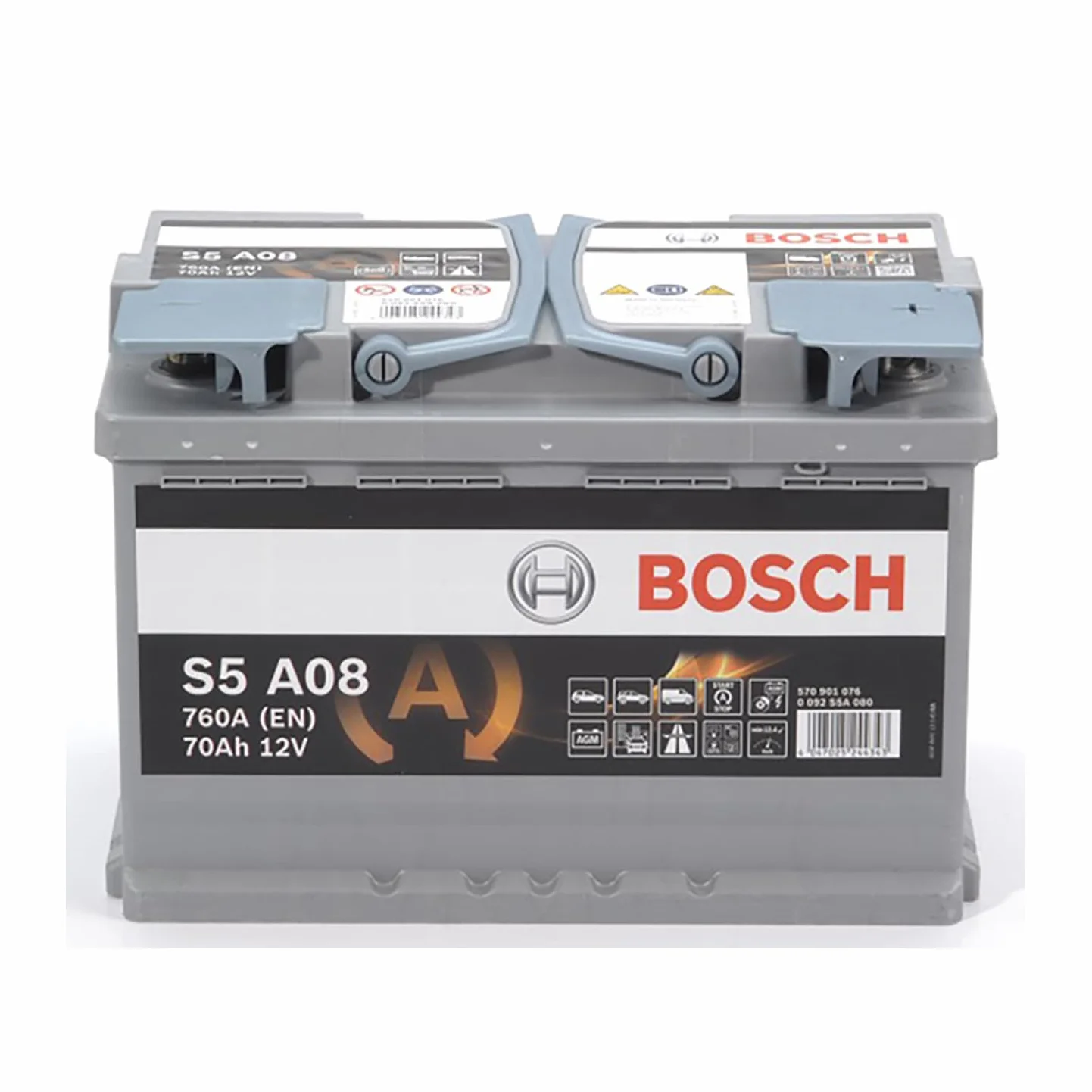 Bosch S5 A08 Batteria Auto AGM 70 A/h - 760 A - 12 V, Batteria AGM al Piombo-Acido per Veicoli con Sistema Start/Stop, Polarità: Sinistra (-) Destra (+), 278 x 175 x 190 mm