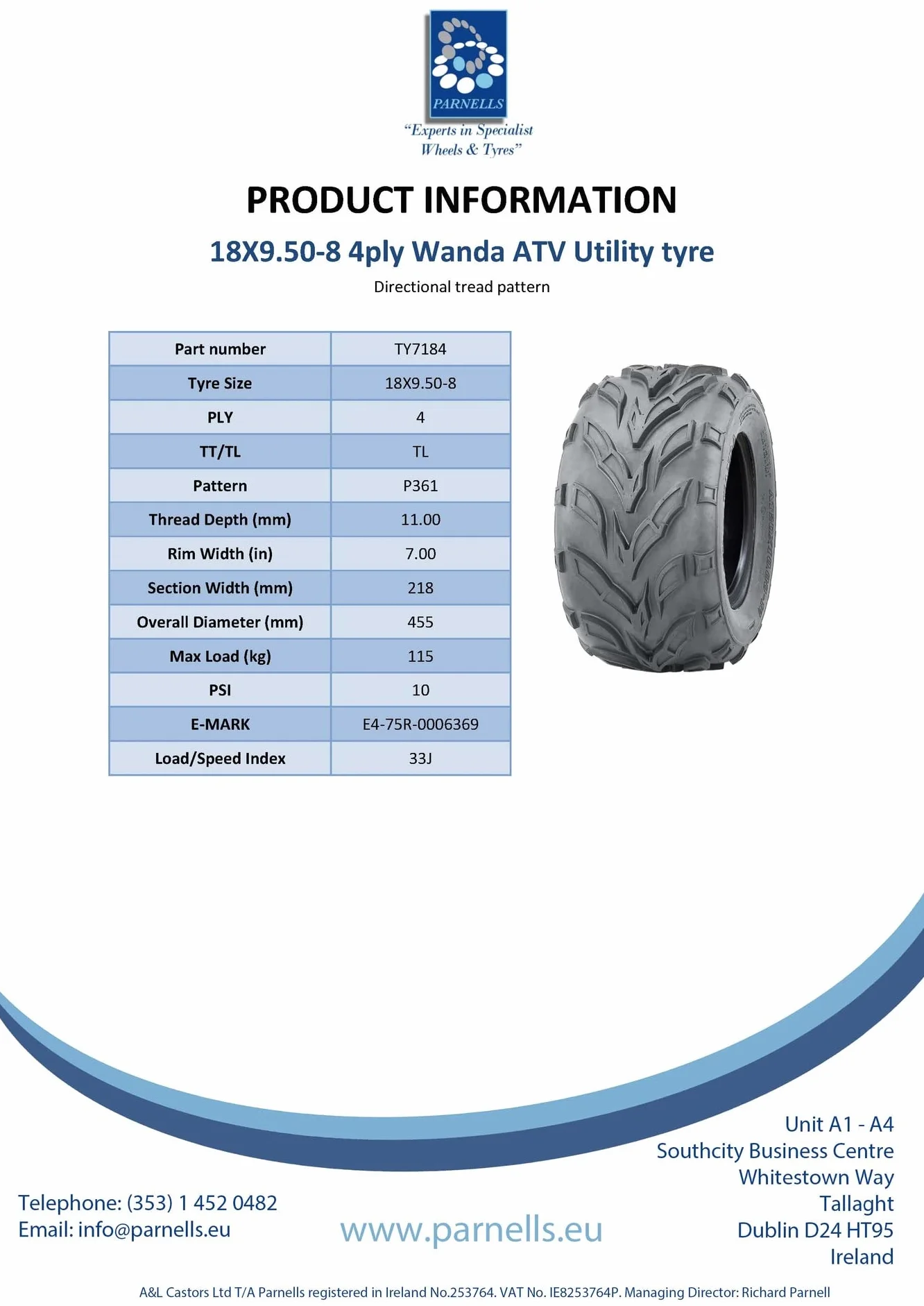 Parnells - 2 set di Pneumatici per Rimorchi Quad Senza Camera D'aria, 18x9.50-8, Pneumatici Wanda P361 a 4 Strati, Robusti Pneumatici Atv, Contrassegno E, Omologazione Stradale, Diametro Totale 455 mm
