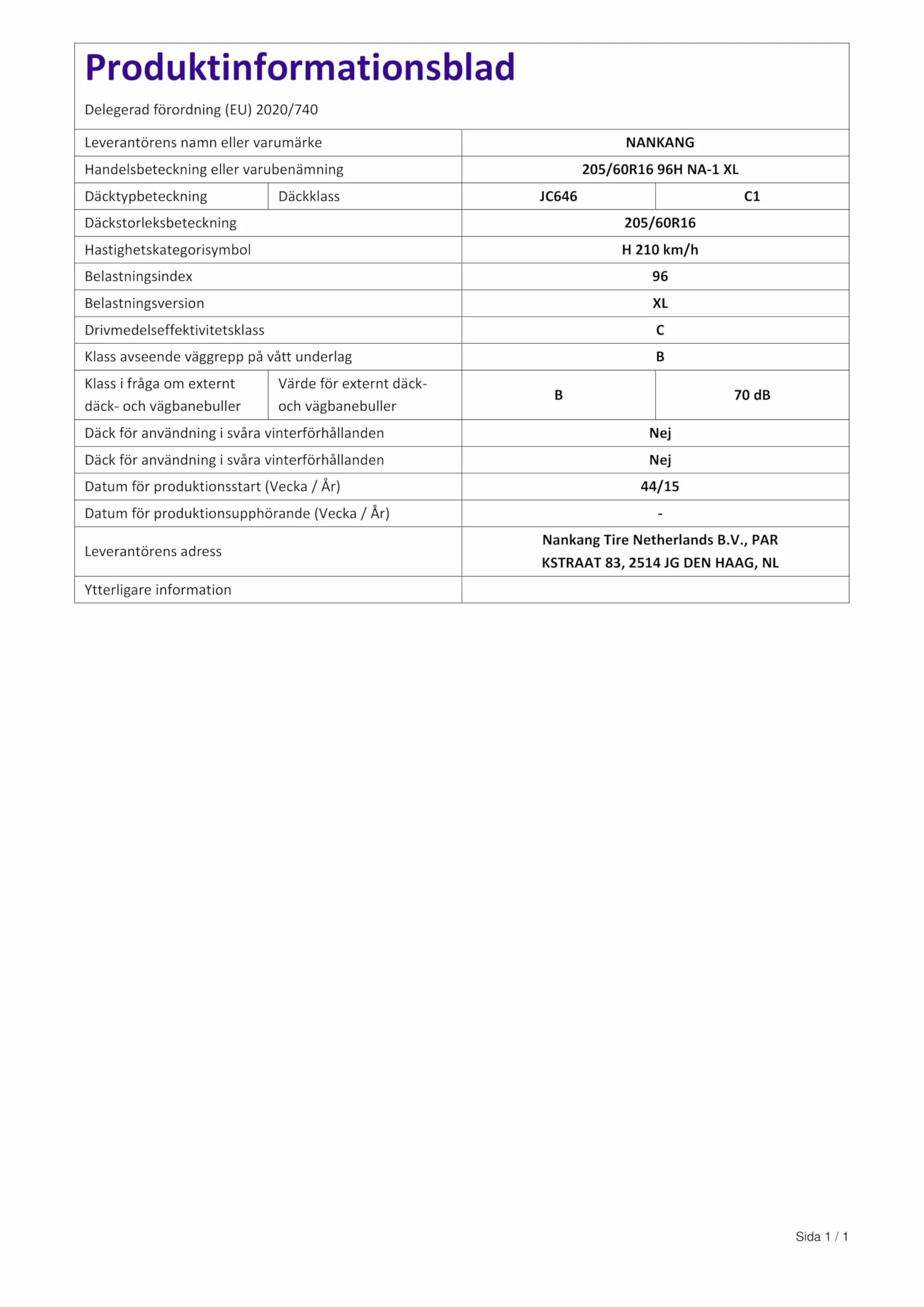 Nankang NA-1 XL - 205/60R16 96H - Pneumatico Estivo