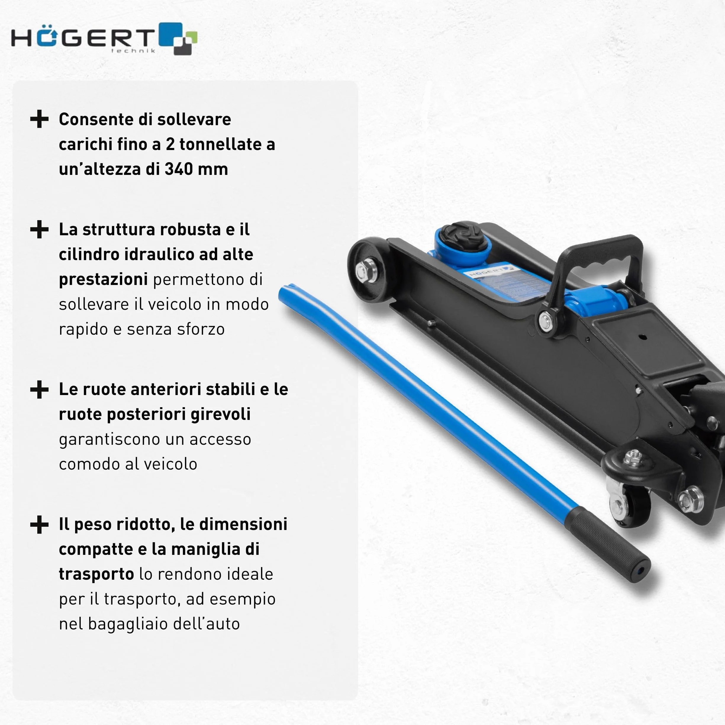 HÖGERT TECHNIK Cric idraulico piatto 2T, altezza 90-340 mm, acciaio, ruote, valvola sicurezza, sollevatore auto
