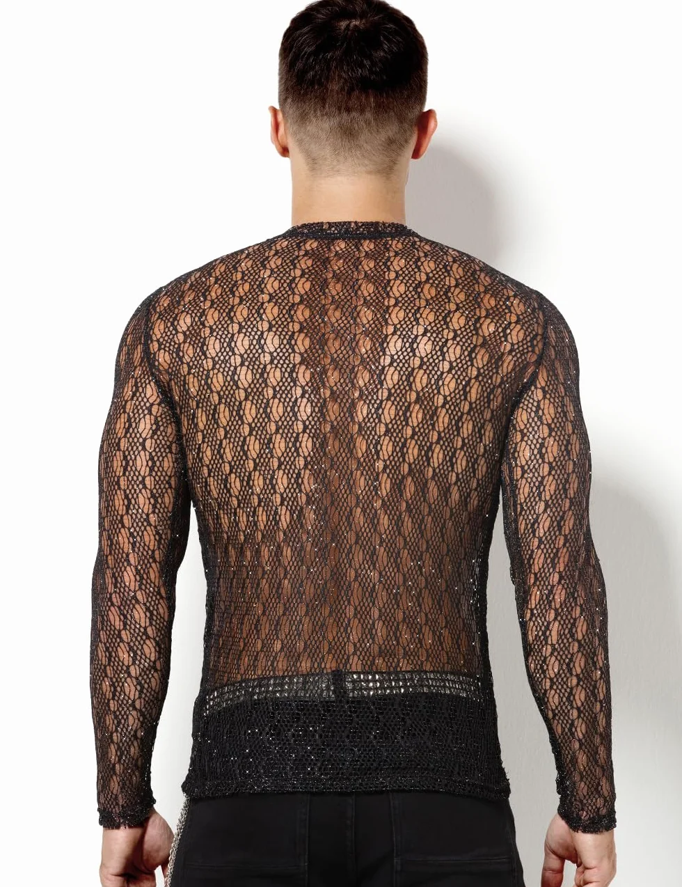 Casey Kevin Maglia Rete Uomo Paillettes Clubwear Party T-Shirt Intimo Sexy Mesh Lunga