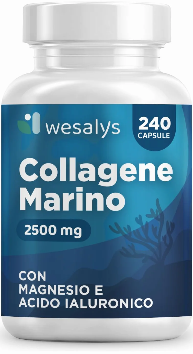 Collagene Marino con Acido Ialuronico 240 Capsule 2500mg Integratore Biotina Vitamina C Coenzima Q10 Pelle Capelli Articolazioni Wesalys