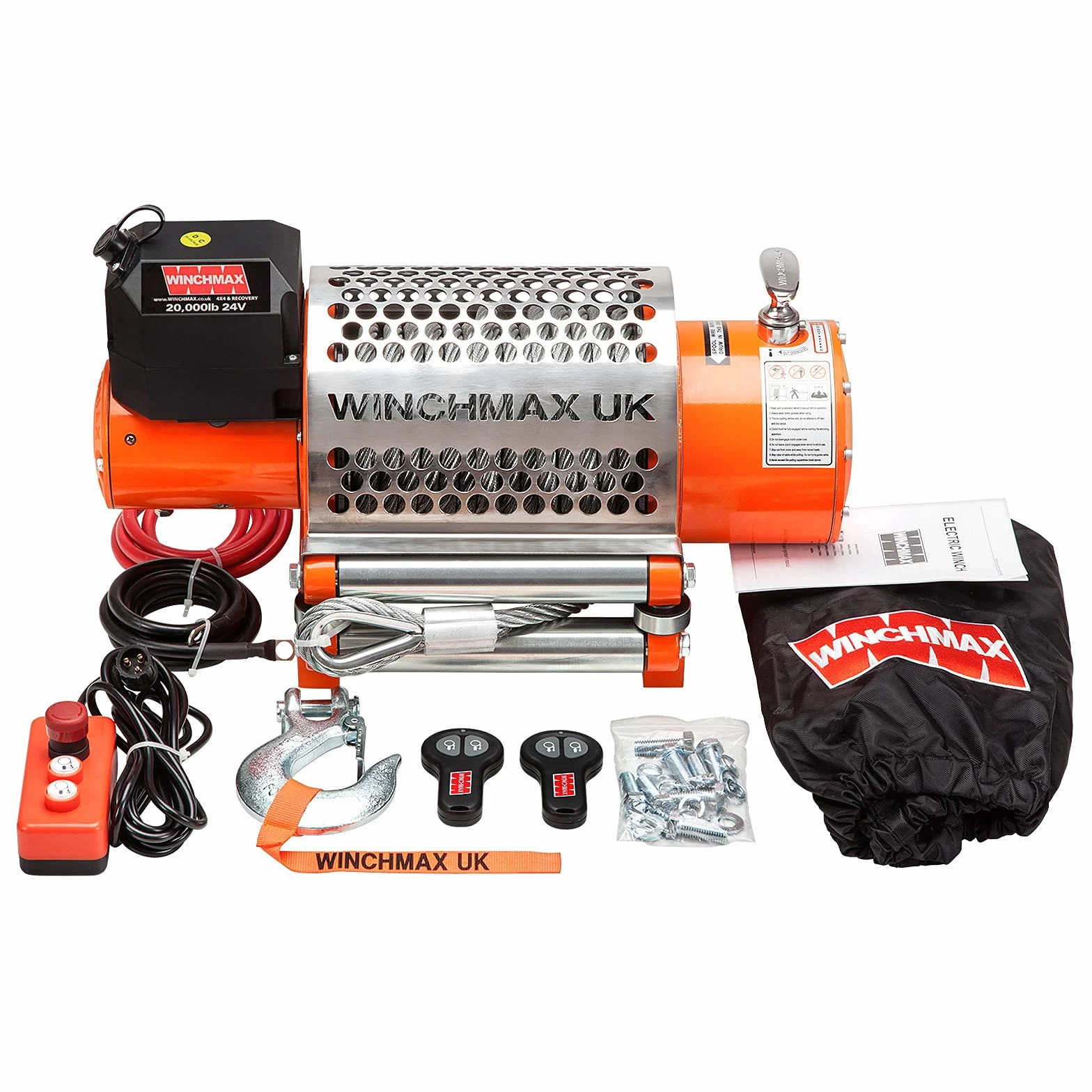 Winchmax 20000 lb Verricello Elettrico 24v Arancione Corda Acciaio 25 m x 14 mm Gancio Cerniera Doppio Telecomando Senza Fili