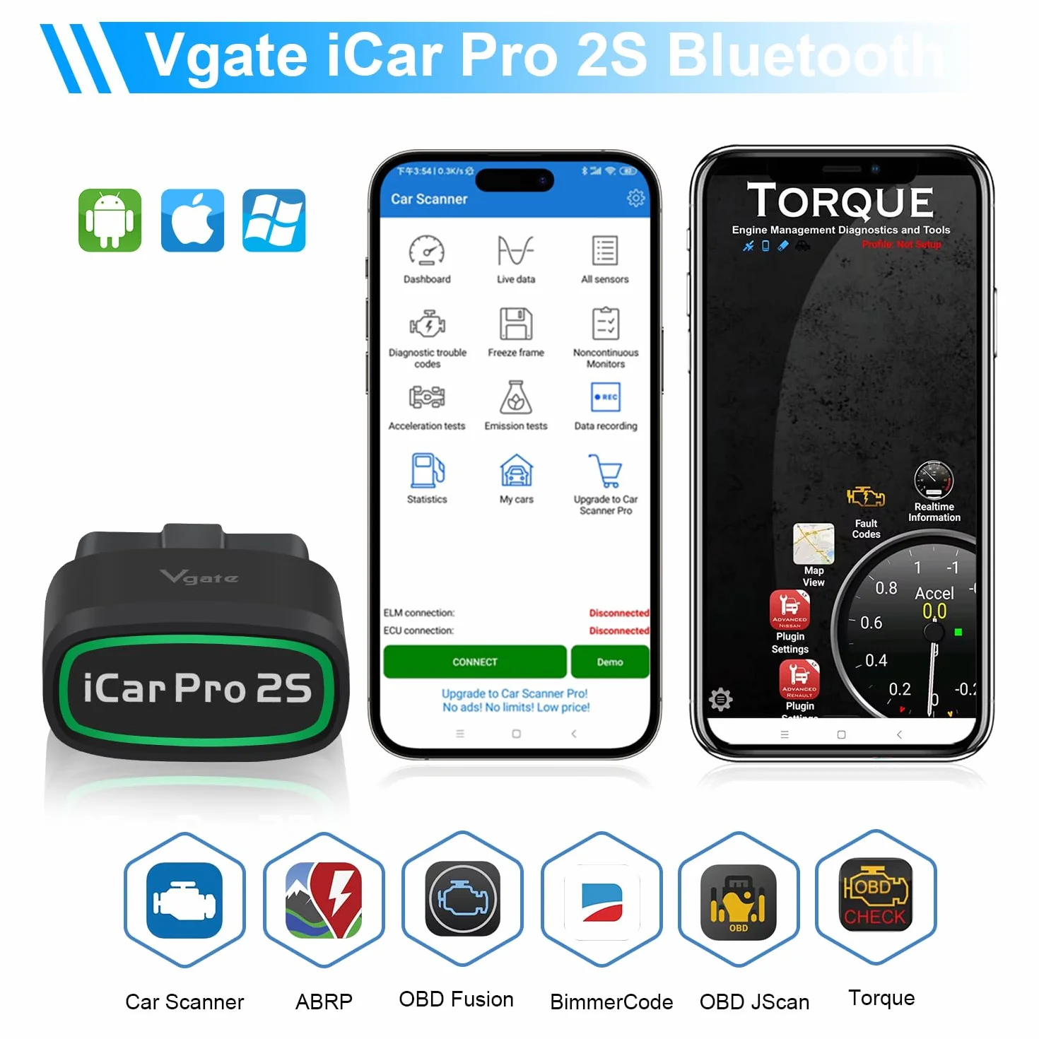 Vgate iCar Pro 2S Bluetooth OBD2 Strumento Diagnostico per iOS Android Windows Scanner Auto Veicoli Elettrici Ibridi