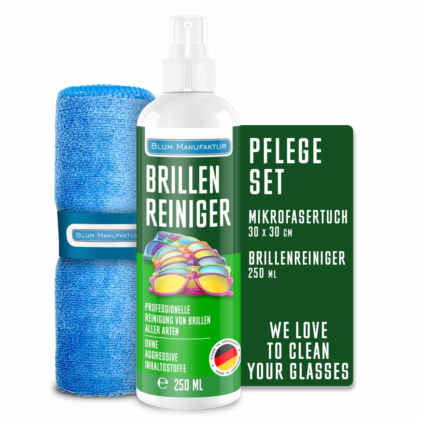 Blum Manufaktur Detergente spray per occhiali 250 ml con panno in microfibra 30 x 30 cm Made in Germany