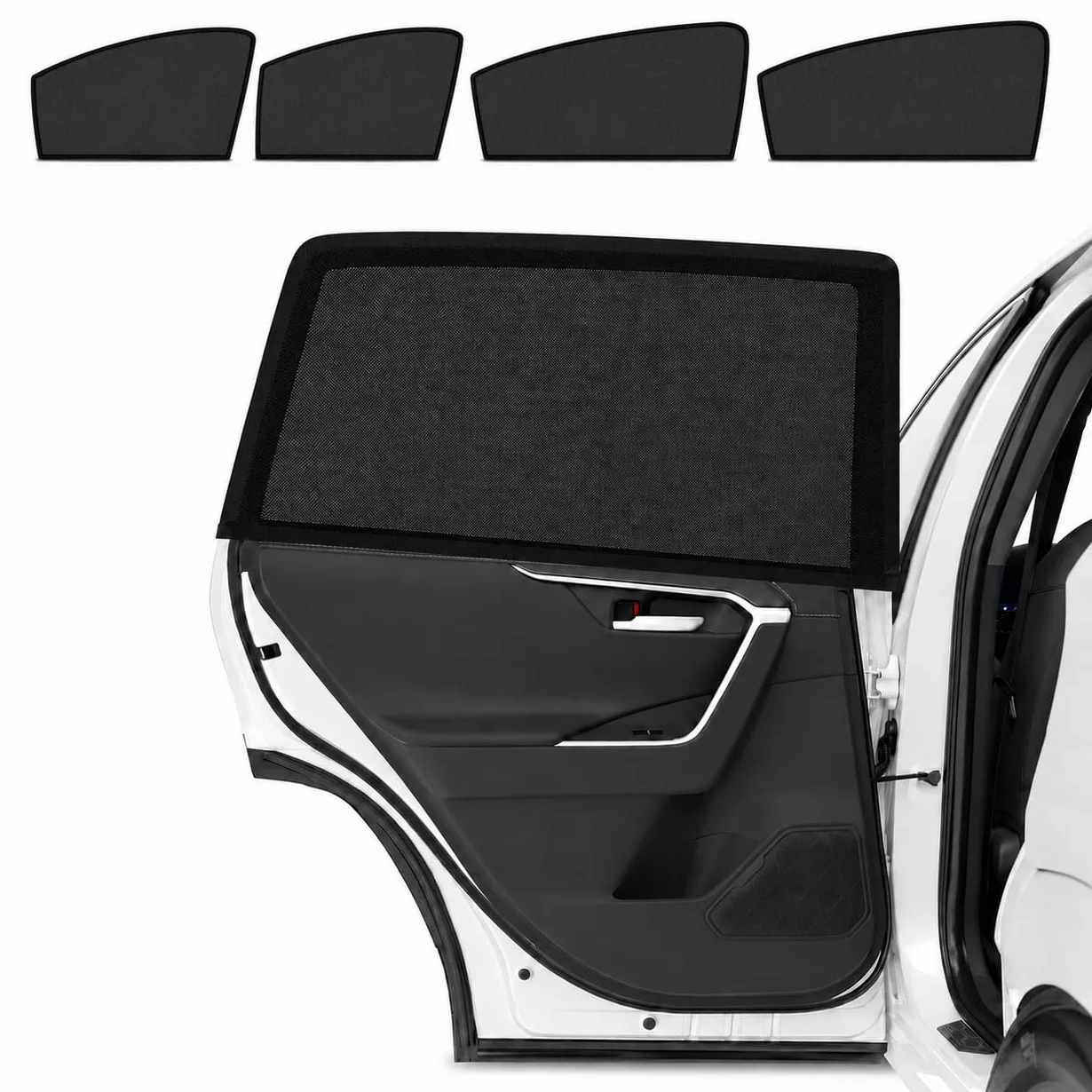 Set 4 parasole auto per bambini con zanzariera, copri finestrini universali anteriori 57x115 e posteriori 57x130 cm, protezione solare UV, oscurante, rete traspirante
