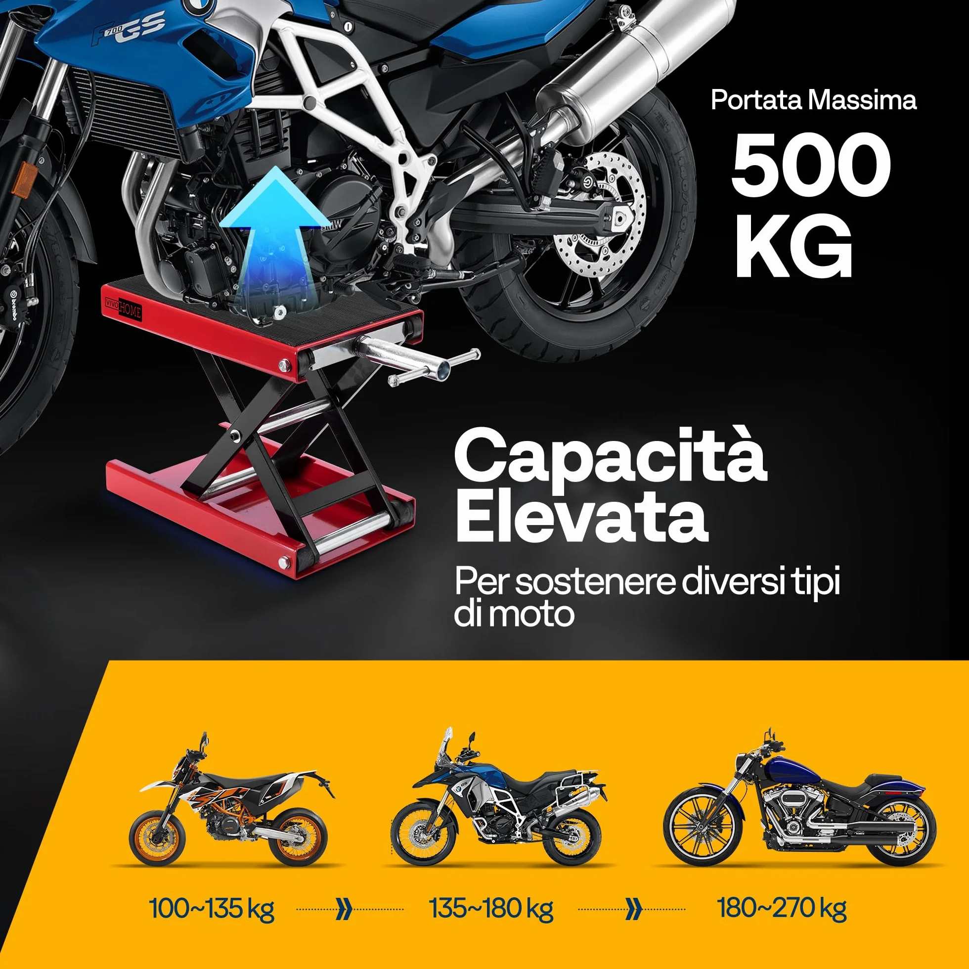 VIVOHOME Sollevatore Moto Altezza Regolabile Centrale a Forbice, Ponte Sollevatore in Acciaio Alzamoto 500kg Capacità per Auto ATV Motocross Riparazione Garage Rosso