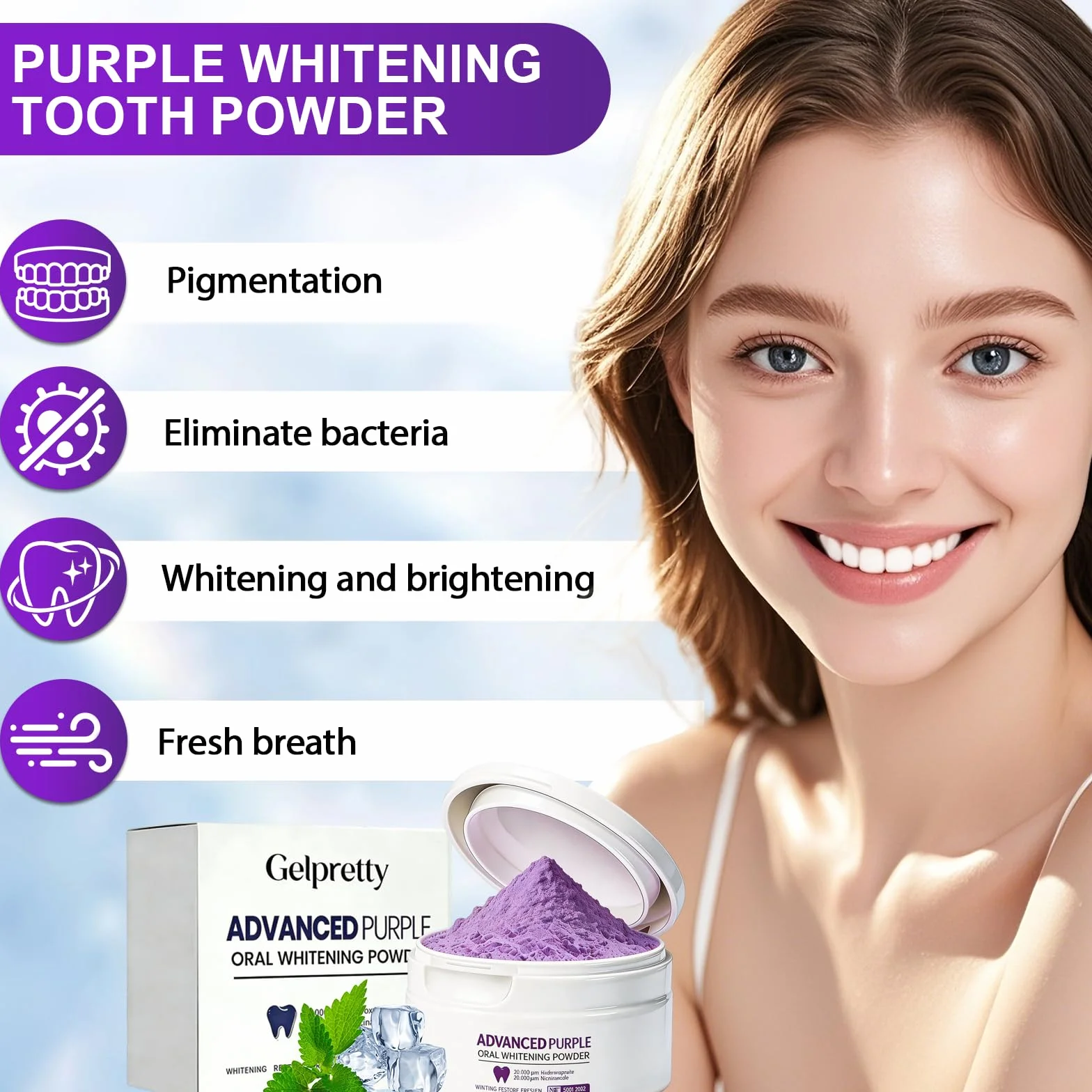 Polvere Sbiancante per Denti 50g, Immediato, Rimozione Macchie Profonde (viola)