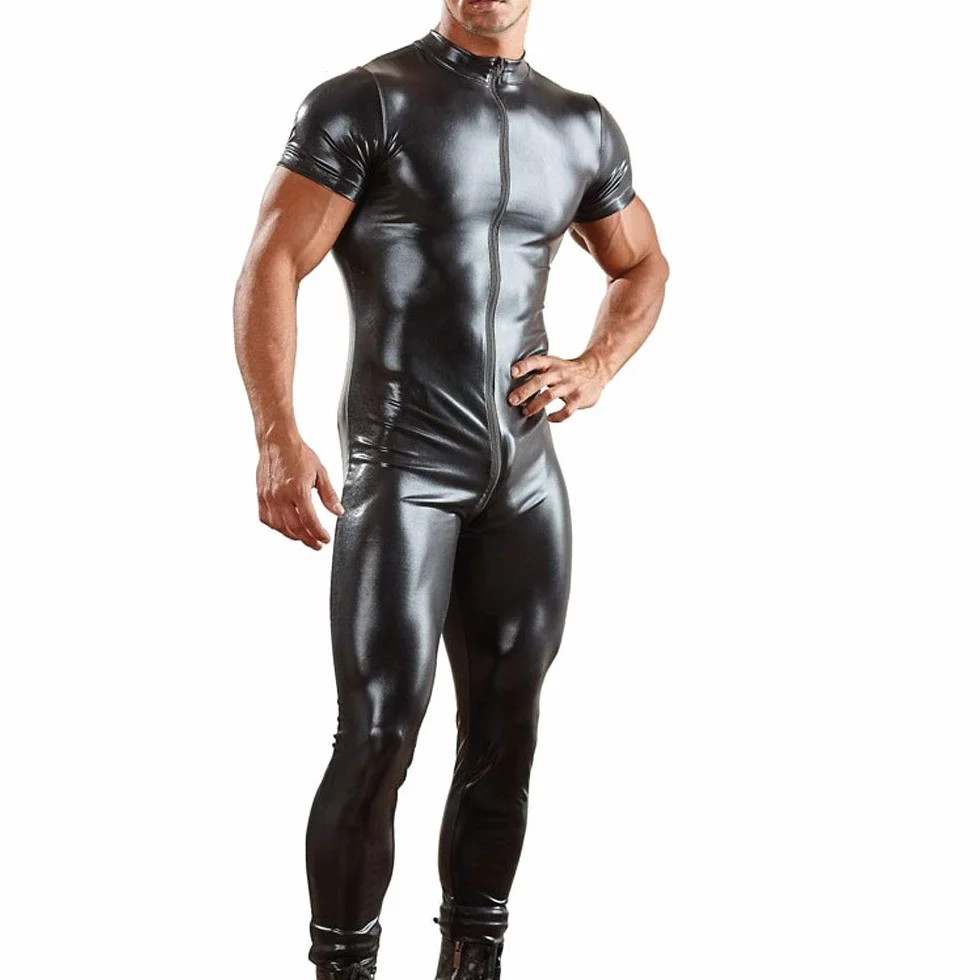 Lattice Catsuit Uomo Tuta in Stile Bagnato Slim Fit Lucido Sexy Pelle Abbigliamento Muscolare Clubwear