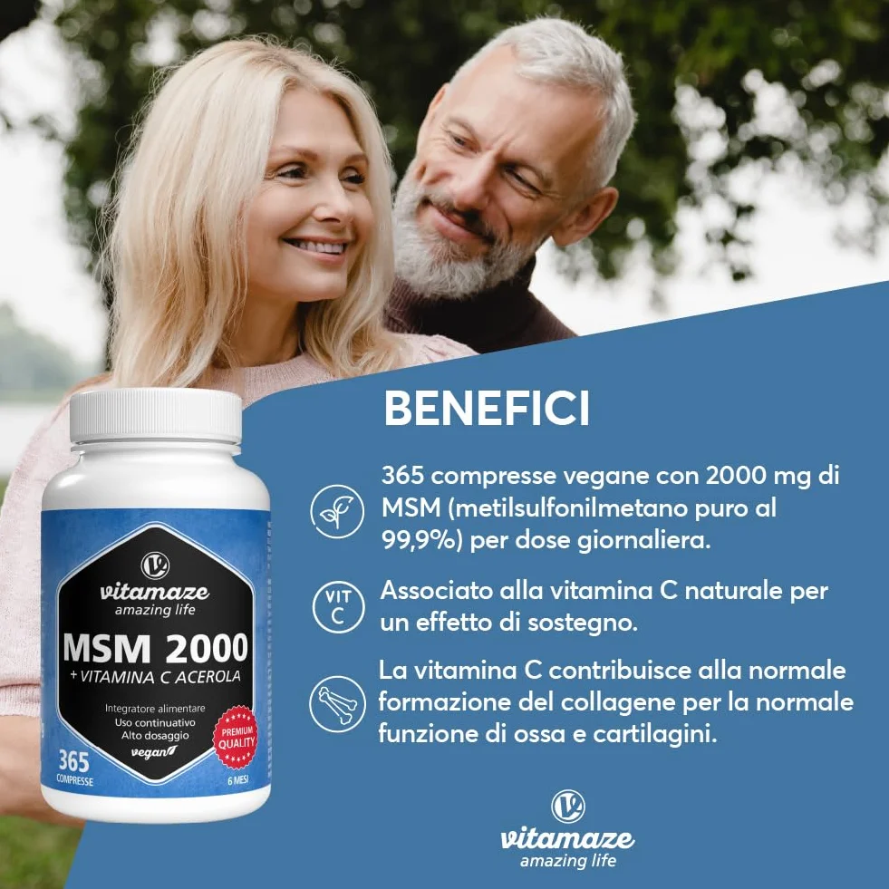 Vitamaze® MSM 2.000 mg Integratore Capelli e Ossa 360 Capsule Metilsulfonilmetano Puro al 99,9%