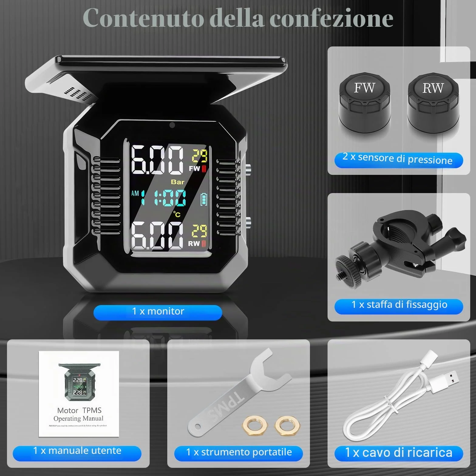 KAOLALI TPMS Moto Wireless Ricarica Solare USB Display LCD 2 Sensori Esterni Impermeabili