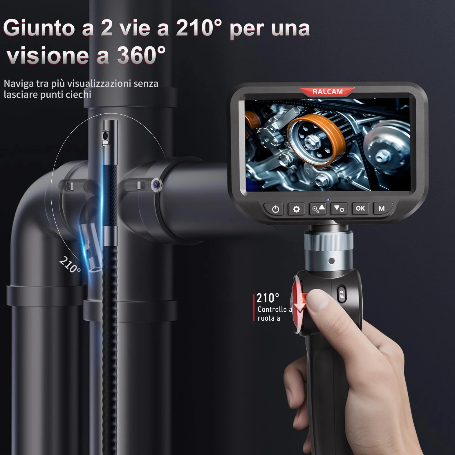 Ralcam Telecamera Endoscopica Borescopio Doppio 6,5 mm Testa Mobile 180° Schermo HD IPS 5" Impermeabile IP67 Cavo Semirigido 1,5 m