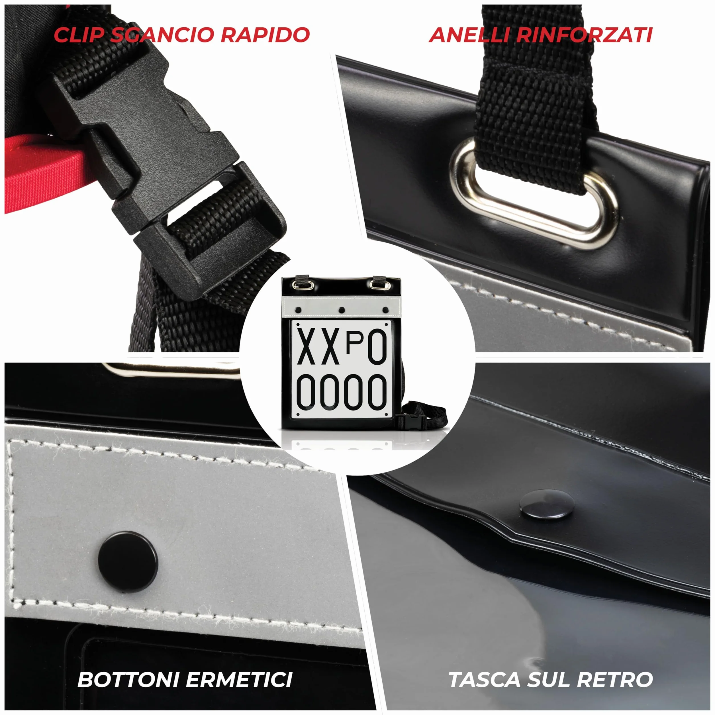 Porta Targa Prova GAMBC® - Universale -25x19 cm - Matricole Italiane - Retro Porta Libretto - Banda Catarinfrangente sul fronte - Per tutti i veicoli - Portatarga prova auto - Custodia per targa prova