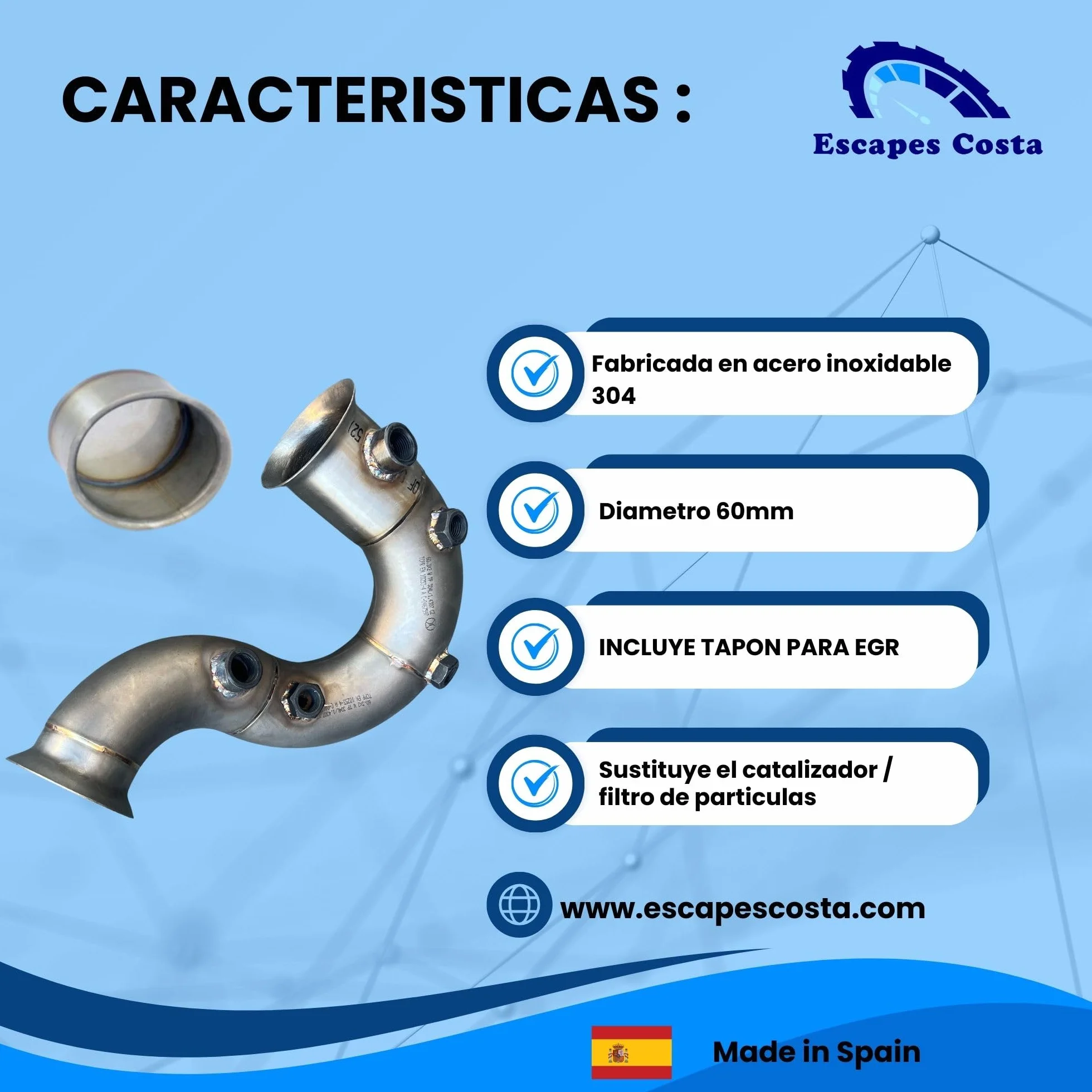 Downpipe compatibile con Leon 5F, Audi a3 8V, Golf 7 - Downpipe 60 mm Acciaio Inox 304 - Motori 1.6 TDI, 2.0 TDI - Include tappo Egr