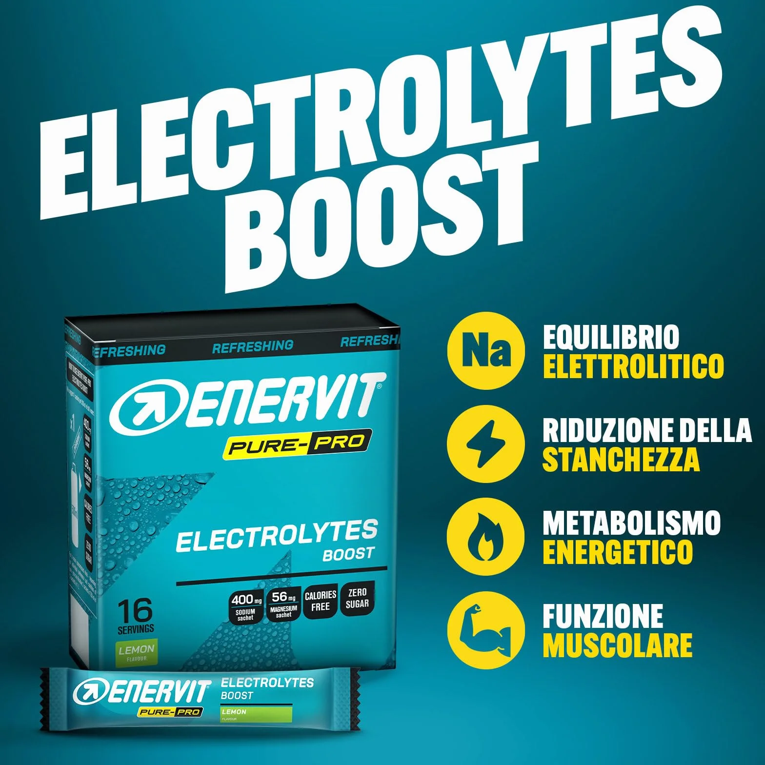Enervit Pure-Pro Electrolytes Boost, Integratore Sali Sodio e Magnesio, Gusto Limone, 0 Calorie Senza Zucchero, 16 Bustine
