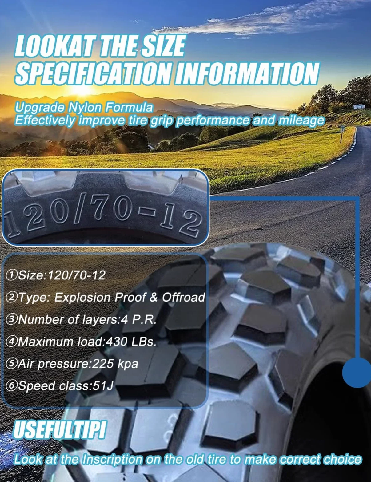 Pneumatico 120/70-12 per scooter/ciclomotore, 4 P.R 225 kPa CARICO MASSIMO 204 kg 59J Pneumatico antiscivolo senza camera d'aria 120/70/12, pneumatico tassellato resistente all'usura