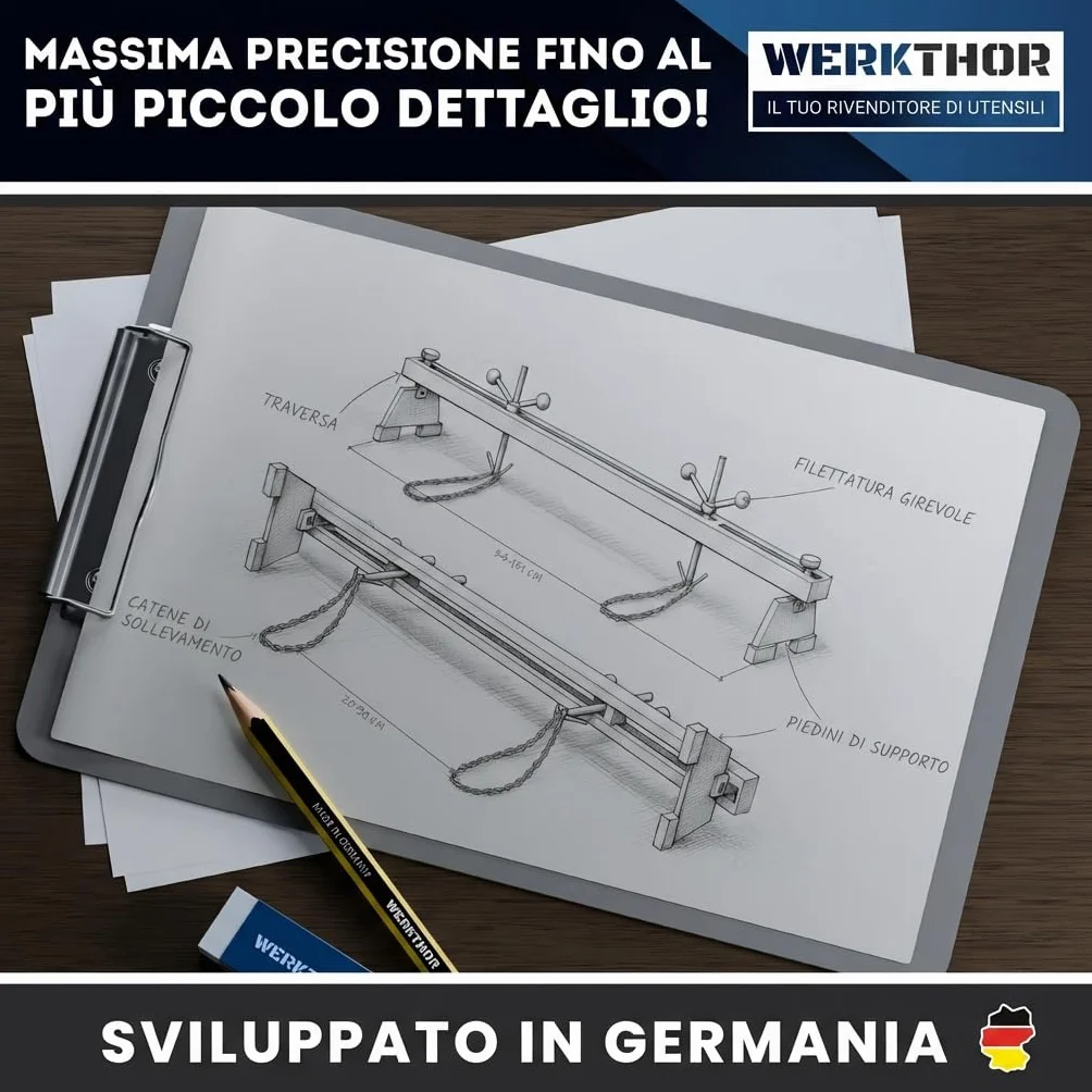 WERKTHOR Ponte motore 500 kg massiccio per auto Traversa parafango regolabile 150 cm Supporto motore 2 catene piedi 360° Ruota motore protezione parafango nero