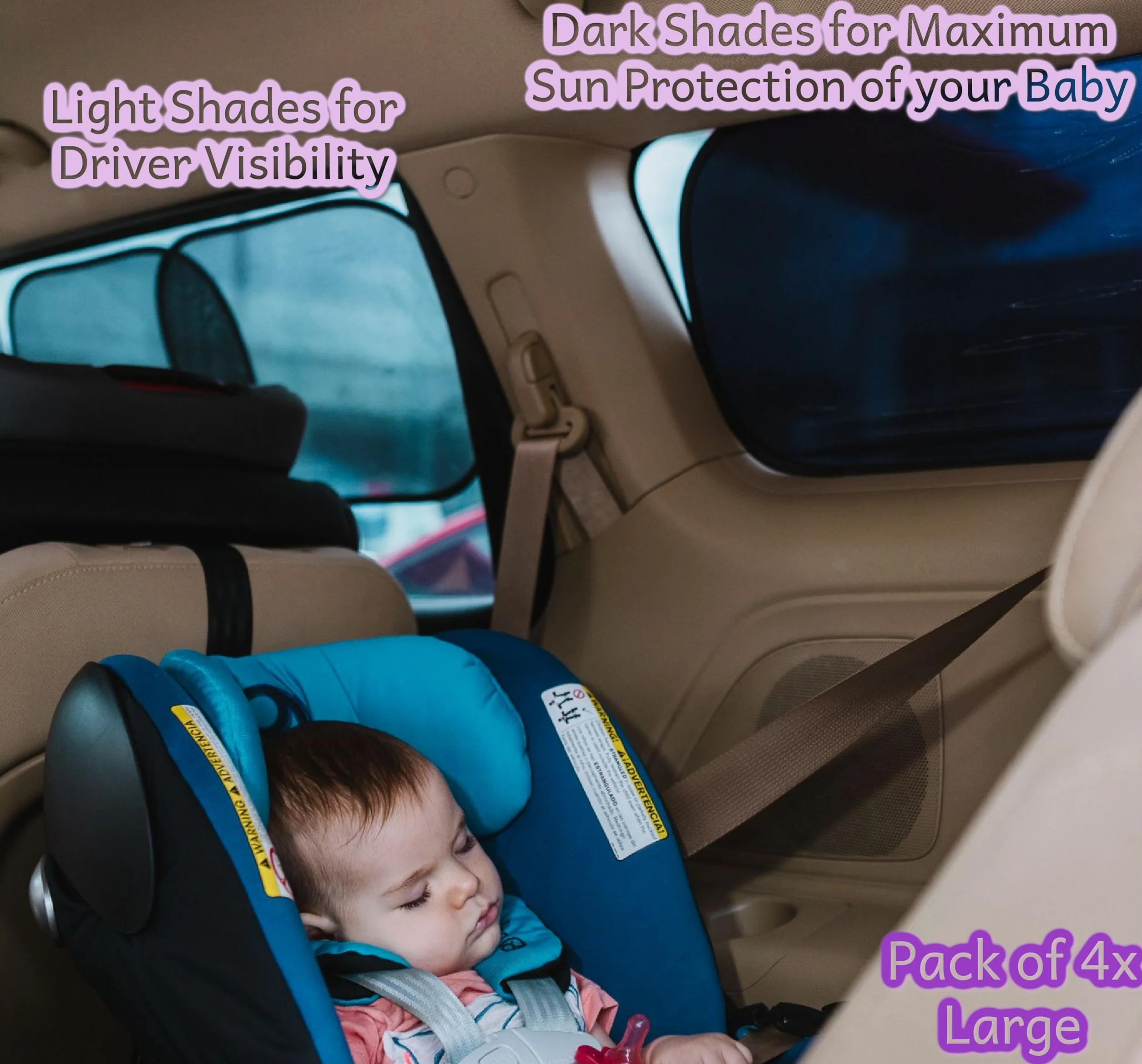 Tende Parasole per Finestrini Auto – Protezione Solare UVA 99,79% e UVB 99,95% – Set 4 Pezzi Large con 2 Opzioni di Trasparenza – Parasole Laterali Auto per Bambini e Neonati – Kinder Fluff