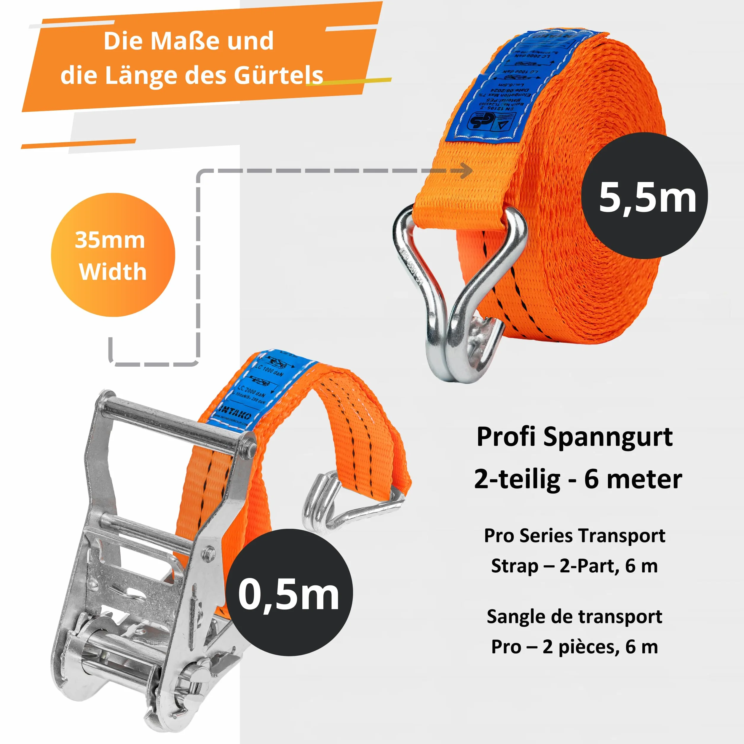 INTAKO Cinghie a Cricchetto 2000kg 35mm Set 4 Pezzi 6m EN 12195-2 TÜV GS