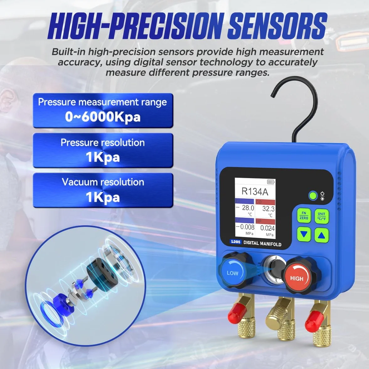 PLAYOCCAR HVAC Indicatori 92 tipi di kit di manometri digitali del refrigerante con TFT LCD, doppio test di pressione,Kit di ricarica del refrigerante Manometro per aria condizionata sottovuoto