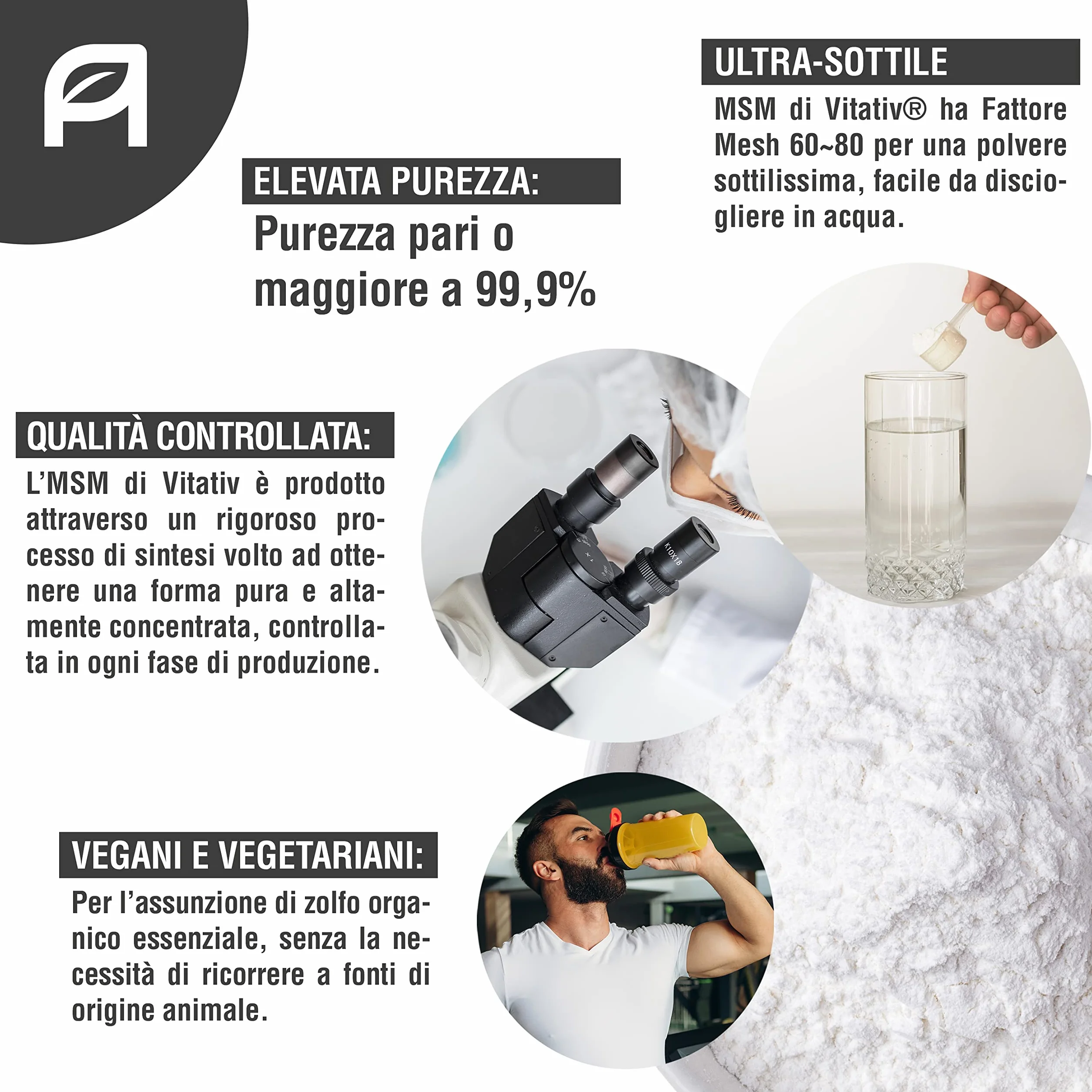 MSM Metilsulfonilmetano In Polvere Puro 99,9% Fattore Mesh 60-80 Zolfo Organico 500gr