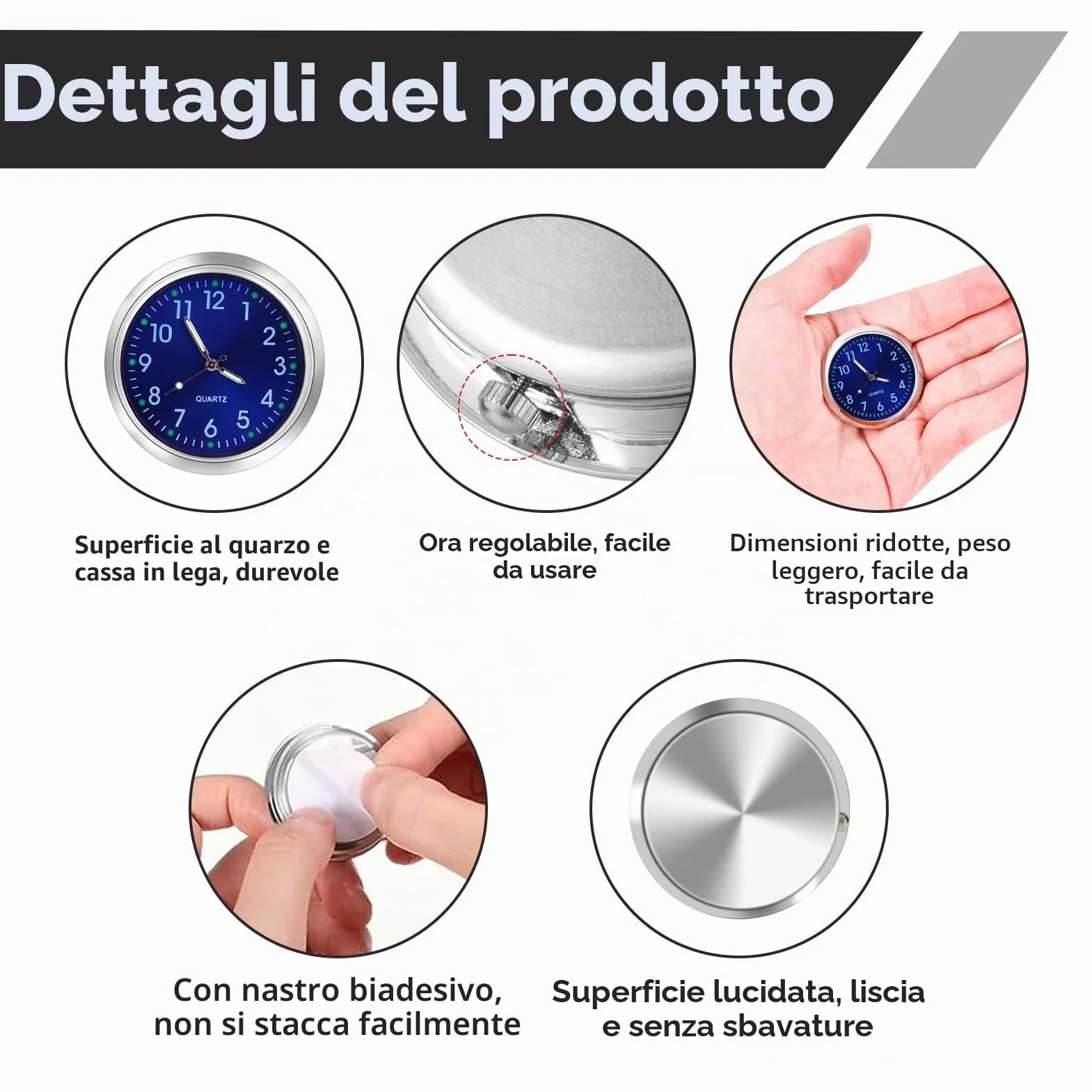 3 Pezzi Orologio per Auto, Mini Quarzo Metallo Cruscotto con Nastro Biadesivo, Nero Bianco Blu
