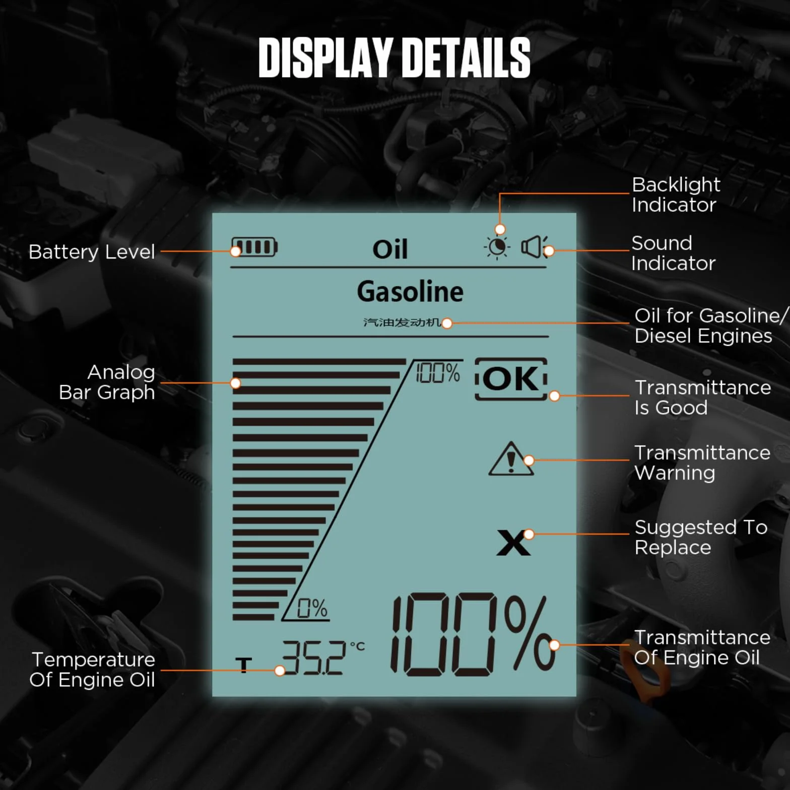 Tester di qualità dell'olio Motore AS503 Tester dell'olio Motore con Schermo da 2,8", sonda di rilevamento ad Alta precisione, Display della Temperatura dell'olio di Trasmissione per Benzina e Diesel