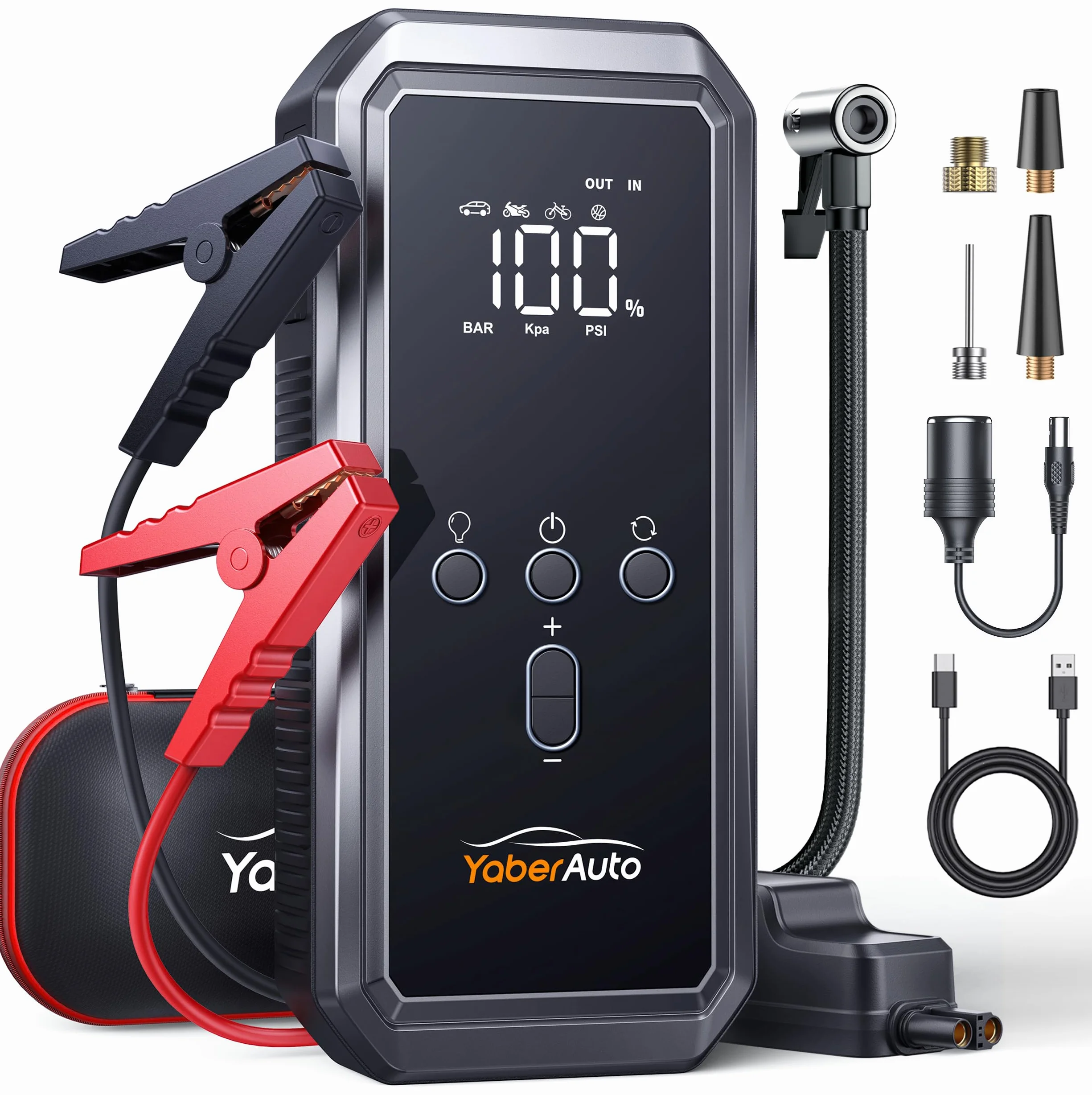Avviatore Emergenza per Auto con Compressore 150PSI 8000A 21800mAh, YaberAuto Booster Avviamento Auto/Moto (Tutti Gas/10.0L Diesel), 12V Starter Batteria con Ricarica Rapida 18W,Uscita DC 160W,Torcia