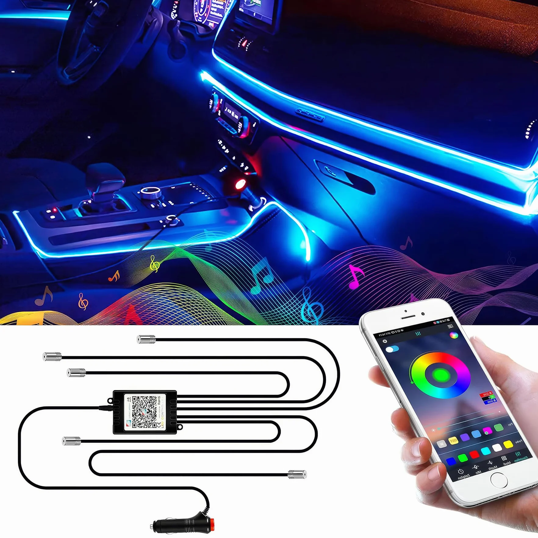 Striscia LED RGB per interni auto, 6 meter, per auto, con app