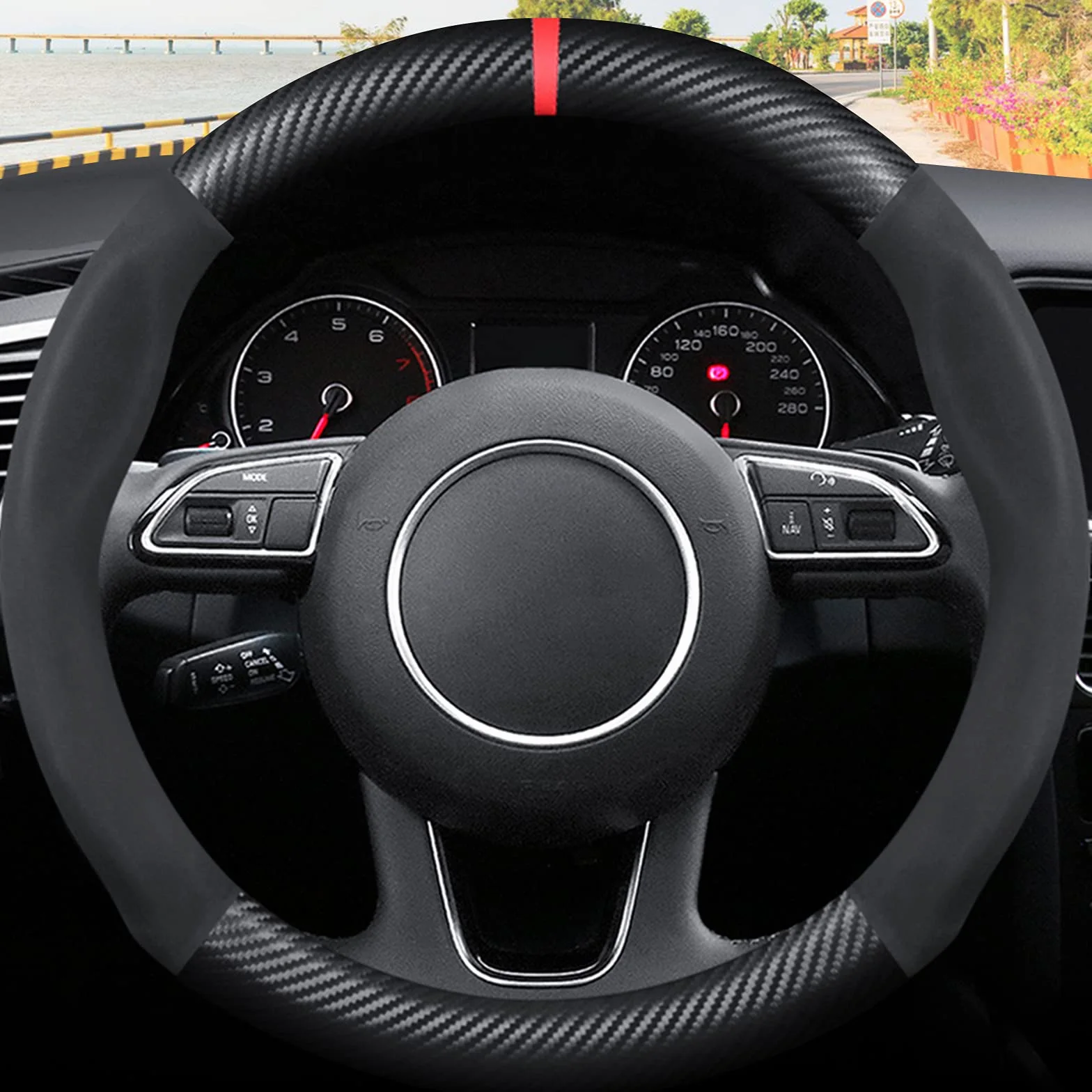 Ergocar Forma Rotonda Fibra di Carbonio e Pelle PU in Microfibra Coprivolante Antiscivolo Coprivolante per Auto Universale Sport Traspirante Per diametro 38 cm（15"）-Nero Rosso