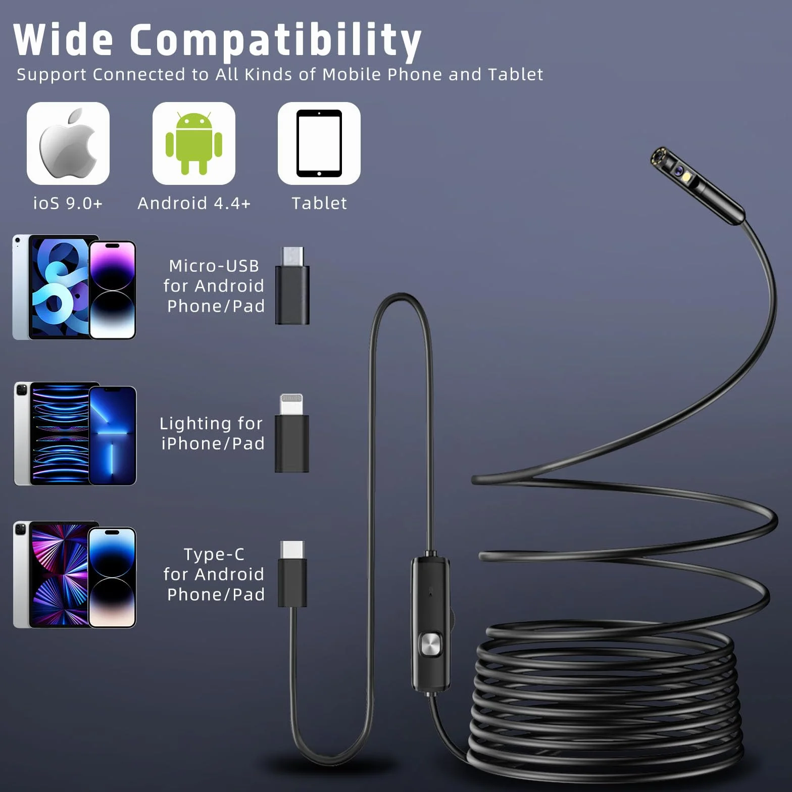Endoscopio per Smartphone 1920P HD IP68 Impermeabile 8 LED Cavo Semirigido 5M Compatibile iOS Android