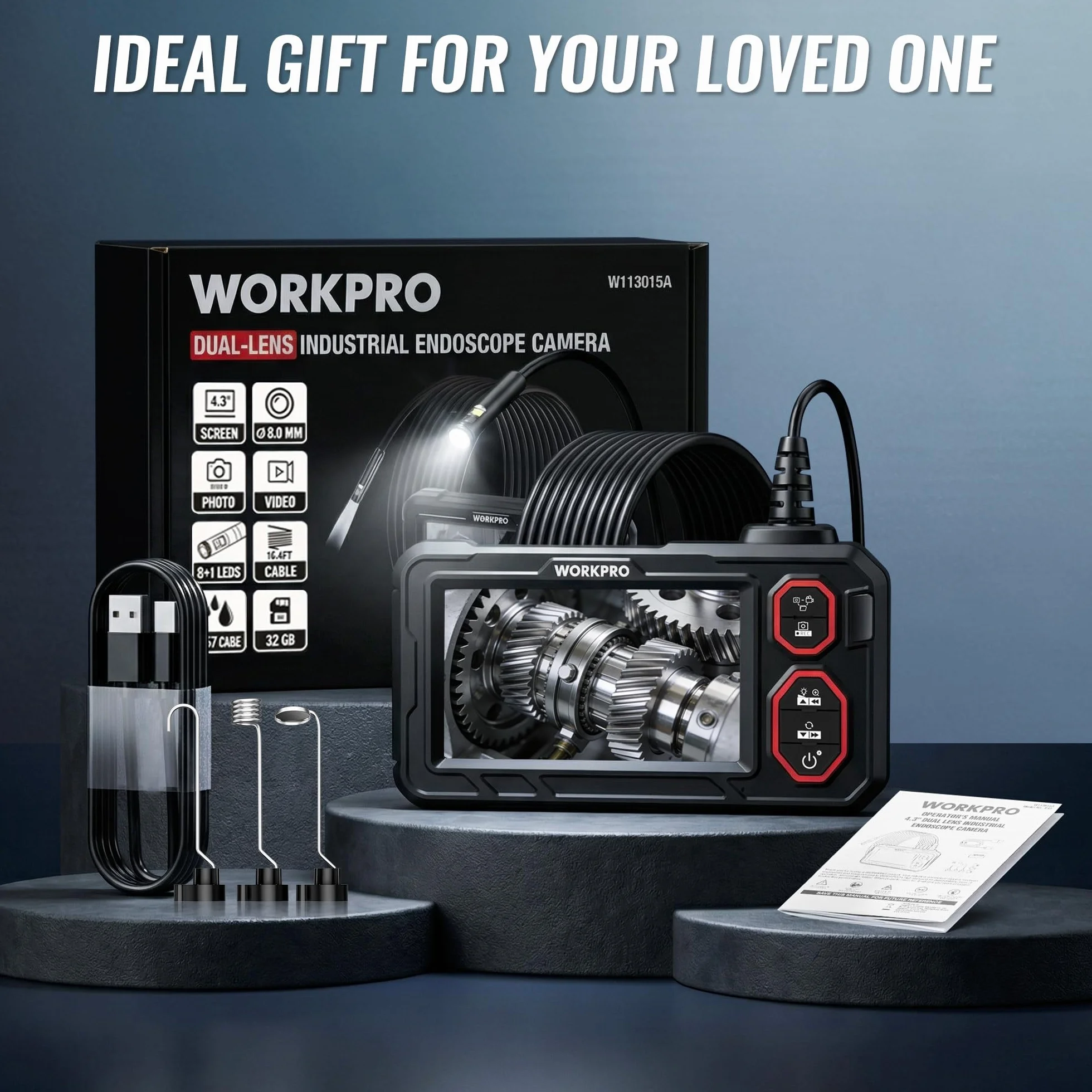 WORKPRO Endoscopio 4.3" HD 1080P IP67 Impermeabile 8+1 LED Sonda 8mm Cavo Semirigido 5m Ispezione