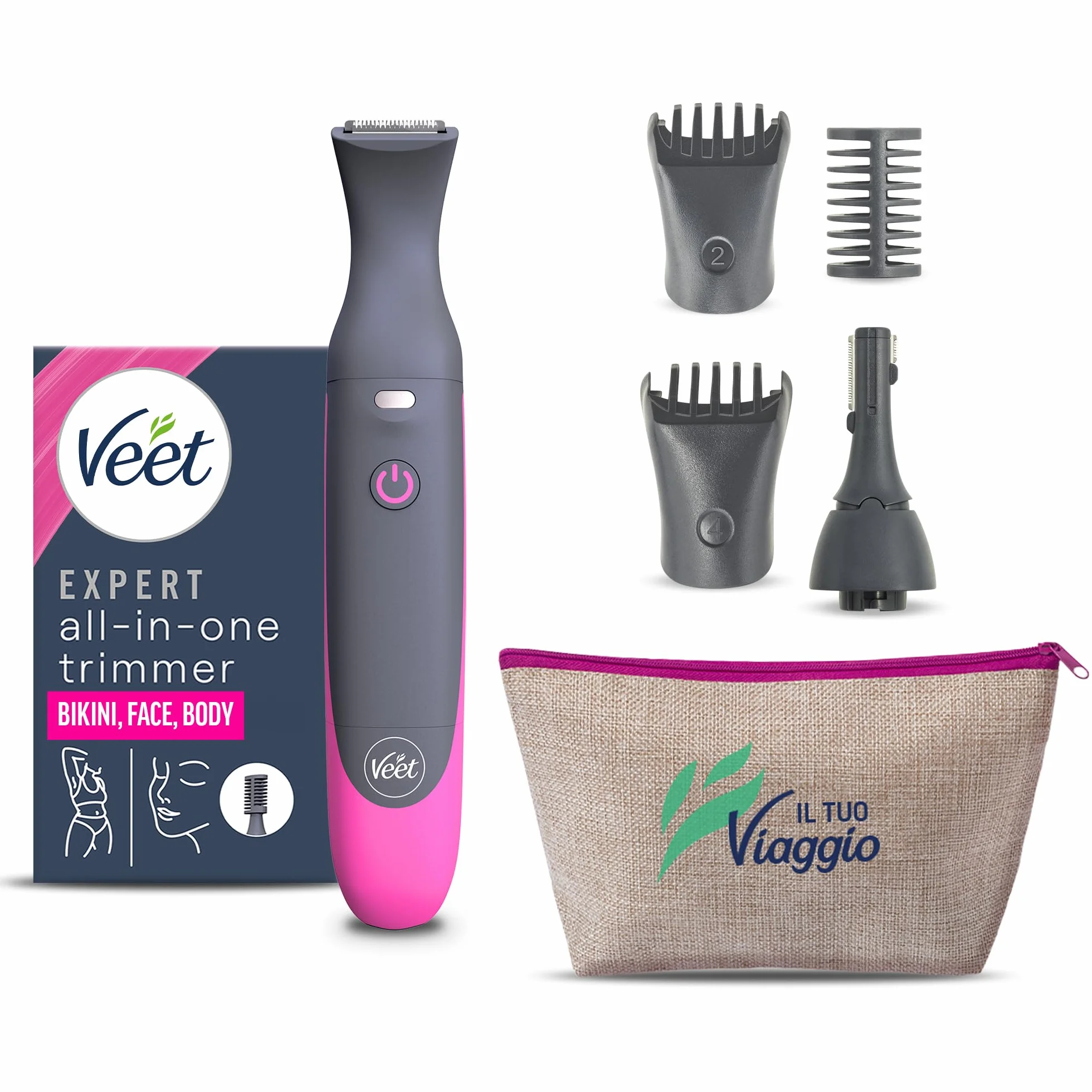 Veet Expert All-In-One Trimmer Rasoio Elettrico Donna Viso Parti Intime 100% Waterproof 2 Testine 3 Pettini Cordless Pochette Regalo