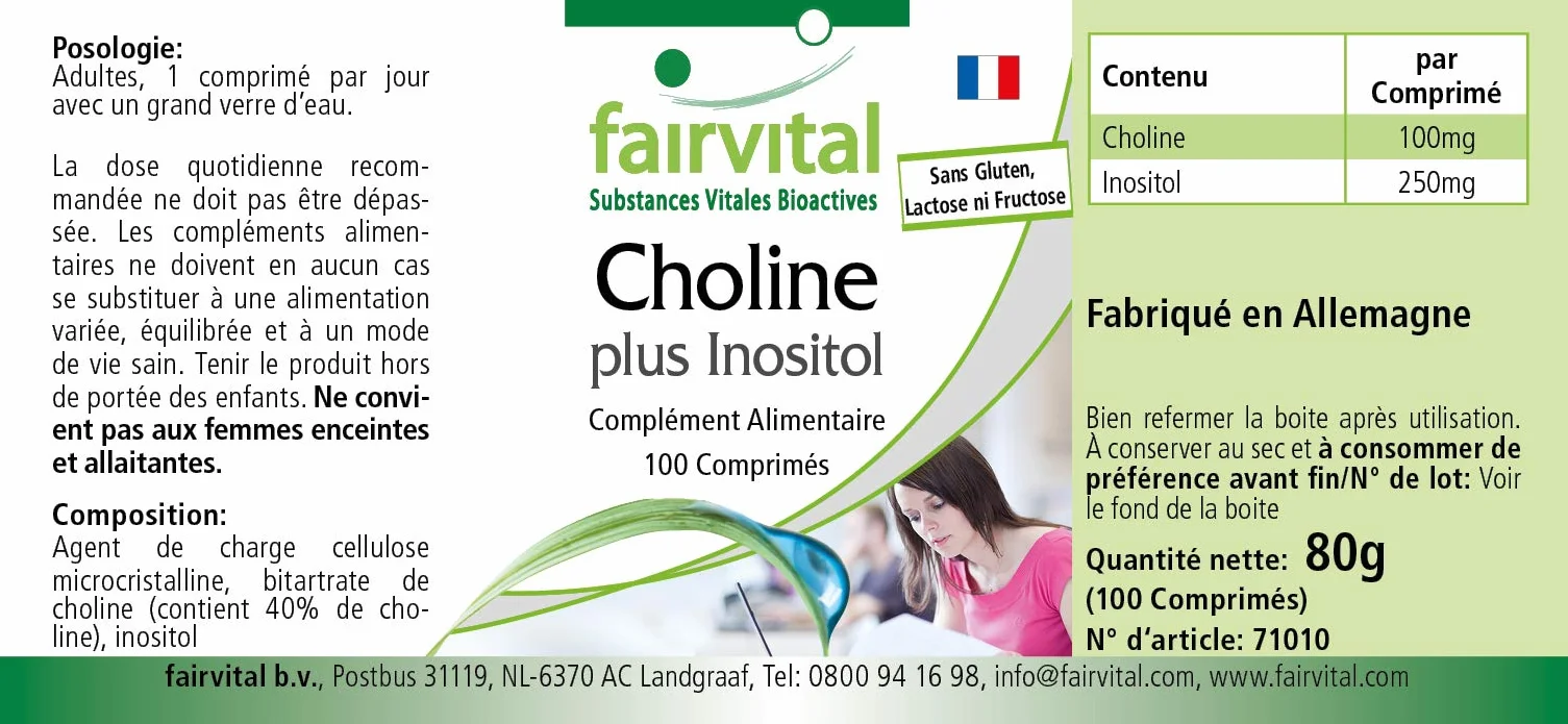 Fairvital Colina bitartrato più inositolo, 100 compresse, alto dosaggio, vegano