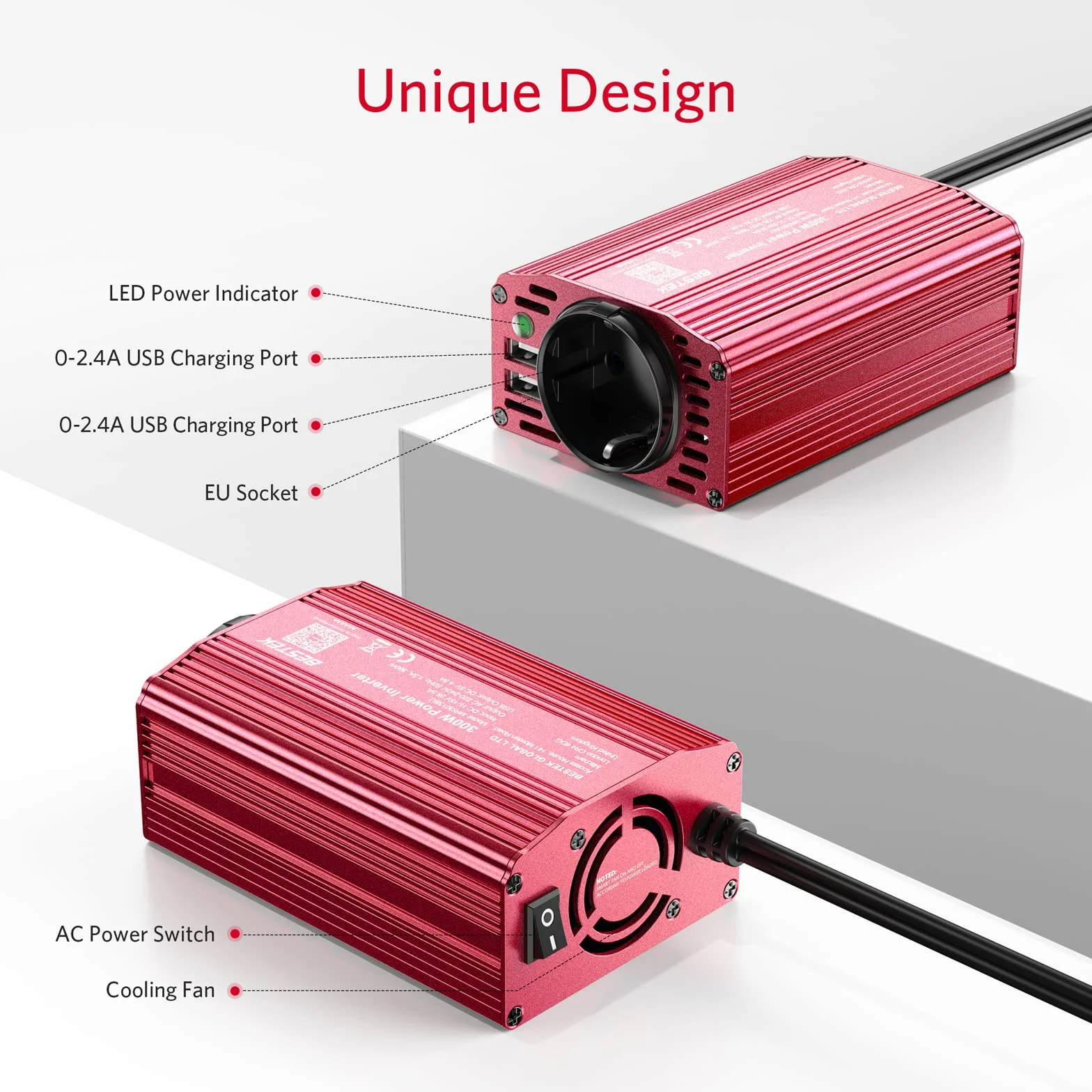 BESTEK 300W Inverter 12V 220V 2 USB Port 4.8A Power Inverter for Phone Pad Tablet