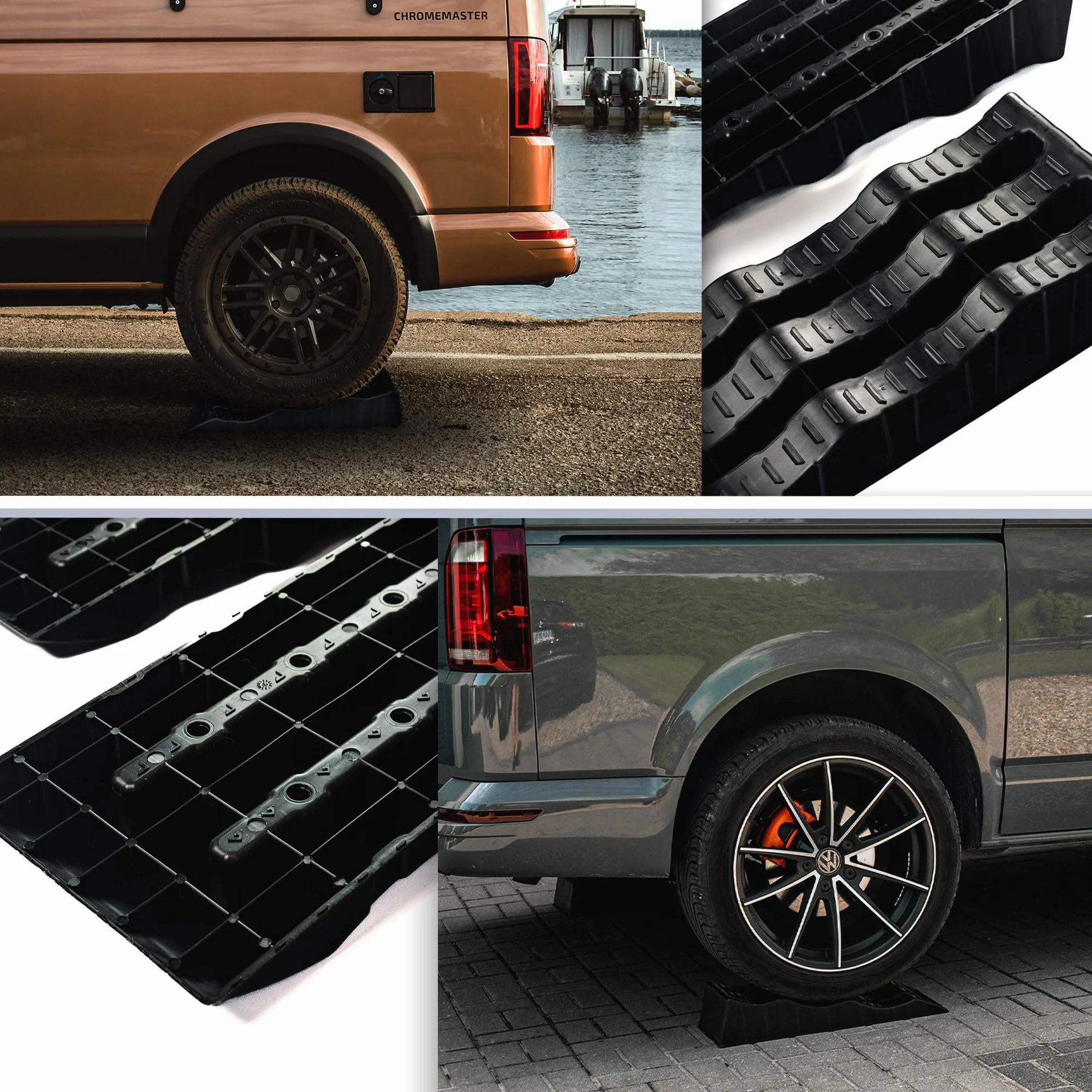 CHROMEMASTER | Rampe per Case Mobili, Camper, Roulotte; Cunei Livellatori Camper; 2 Pezzi in Dotazione | Rampe Livellatrici per Auto; Portata Fino a 4 Tonnellate; Robusto Materiale Plastico