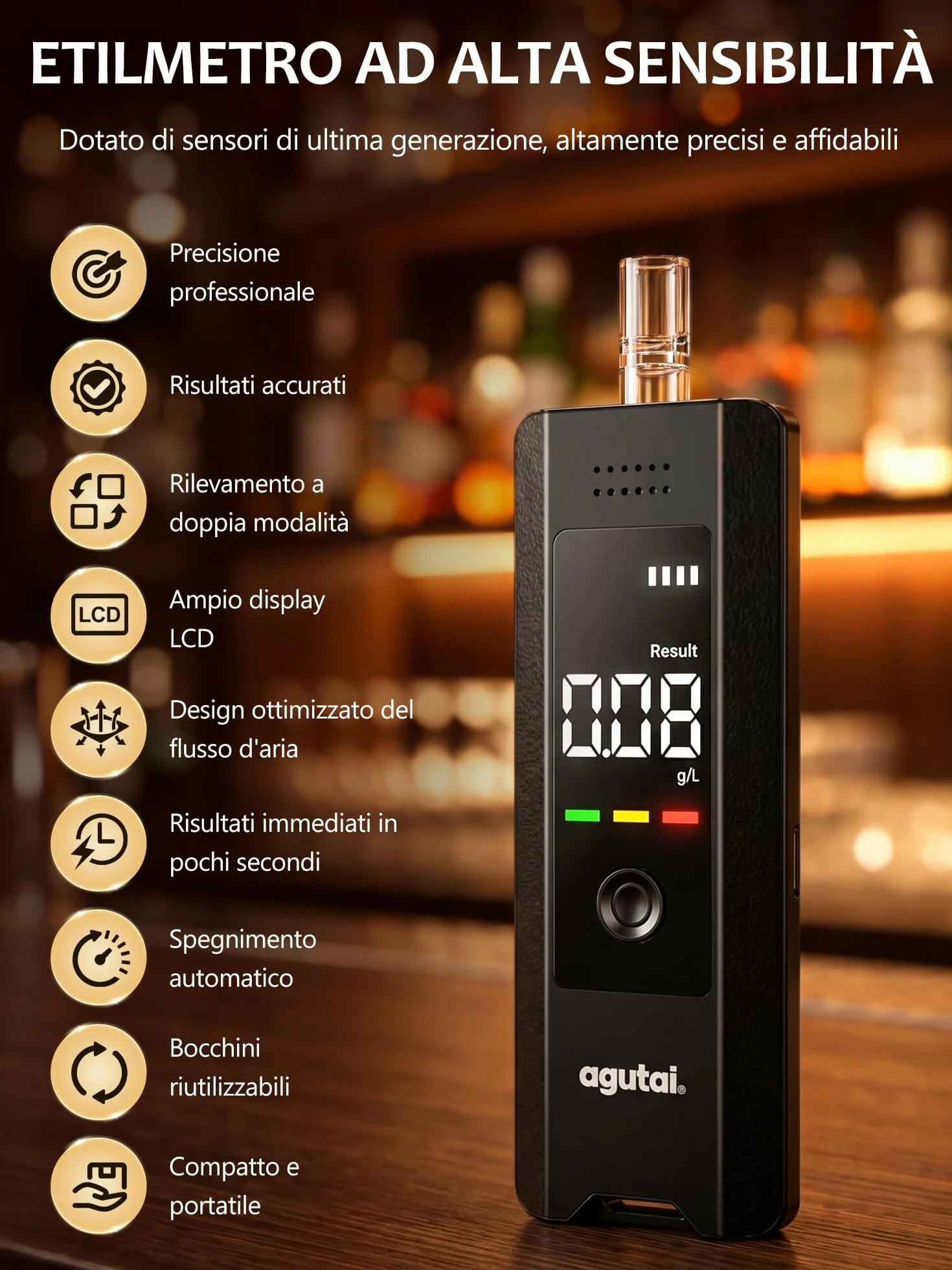 Etilometro Portatile Certificato Alcol Test Professionale con Display LCD USB C 10 Bocchini