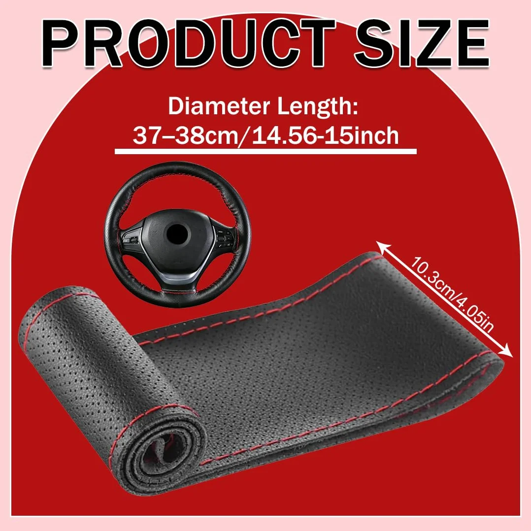 Coprivolante Auto in Pelle da Cucire, Foderatura per Sterzo 38cm con Perforazione Completa e Cucitura Rossa, Kit di Installazione Fai-da-Te per Guida Comoda e Sicura