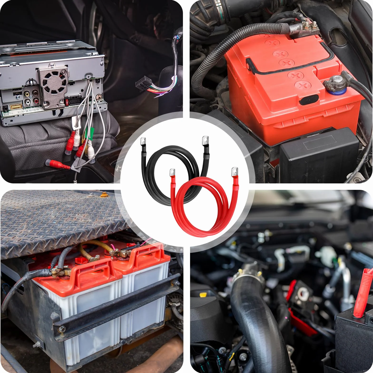 Cavi batteria 35mm²/2AWG, 2 pezzi di cavo in rame privo di ossigeno Rosso Nero, 100cm Cavo batteria 12v, Cavi batteria 35mm² con morsetti ad anello M8, Cavi batteria 12v per auto, moto, solare, camper
