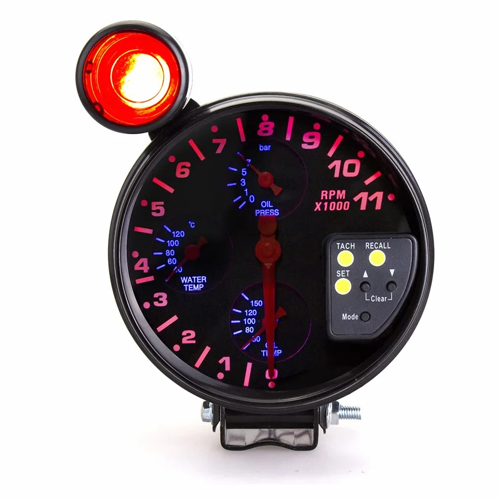 MASO - Tachimetro 4 in 1, 13 cm, giri/min, 12 V, con supporto, con indicatori di cambiata, indicatori di pressione e temperatura olio, per auto