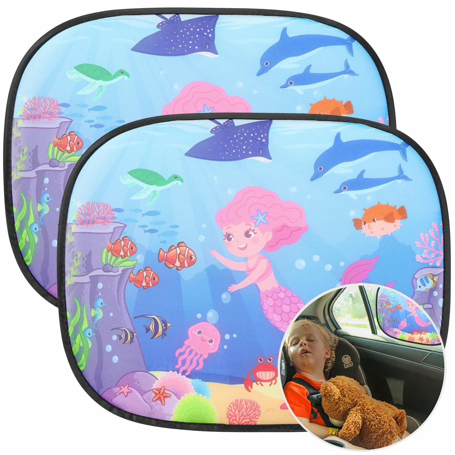 URAQT Parasole Auto Bambini, 2 Pezzi Oscuranti Finestrini Auto per Bambini e Neonati, 44 * 36CM Tendine Parasole Auto Bambini, Parabrezza per auto per bambini anti-ultravioletti(Mondo sottomarino)
