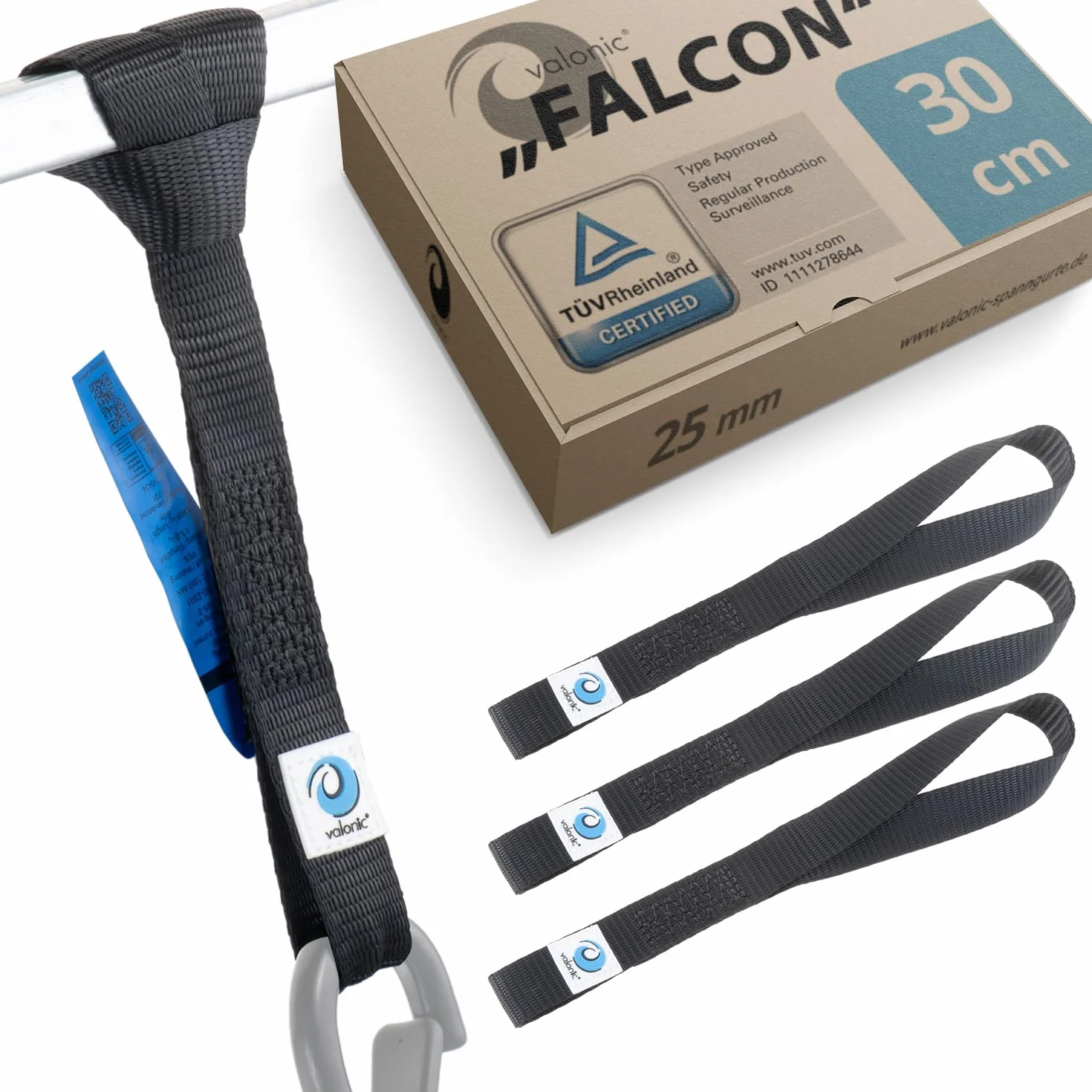Cinghie di fissaggio FALCON valonic 30cm 25mm 1000 Kg certificate TÜV Rheinl. EN 12195-2 nero