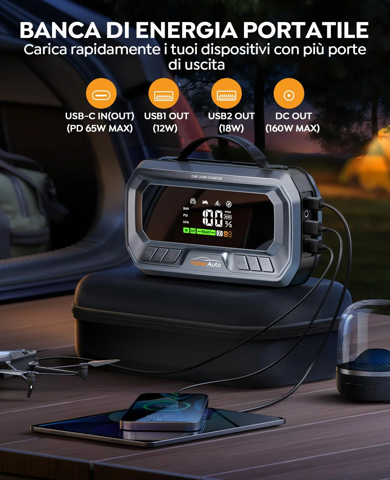 YaberAuto Avviatore Batteria Auto 8000A 26800mAh con Compressore 160PSI Uscita DC 160W, PD65W Booster Avviamento,Avviatore Emergenza per Auto (Tutto Gas/12.0L Diesel), 600 Lumens