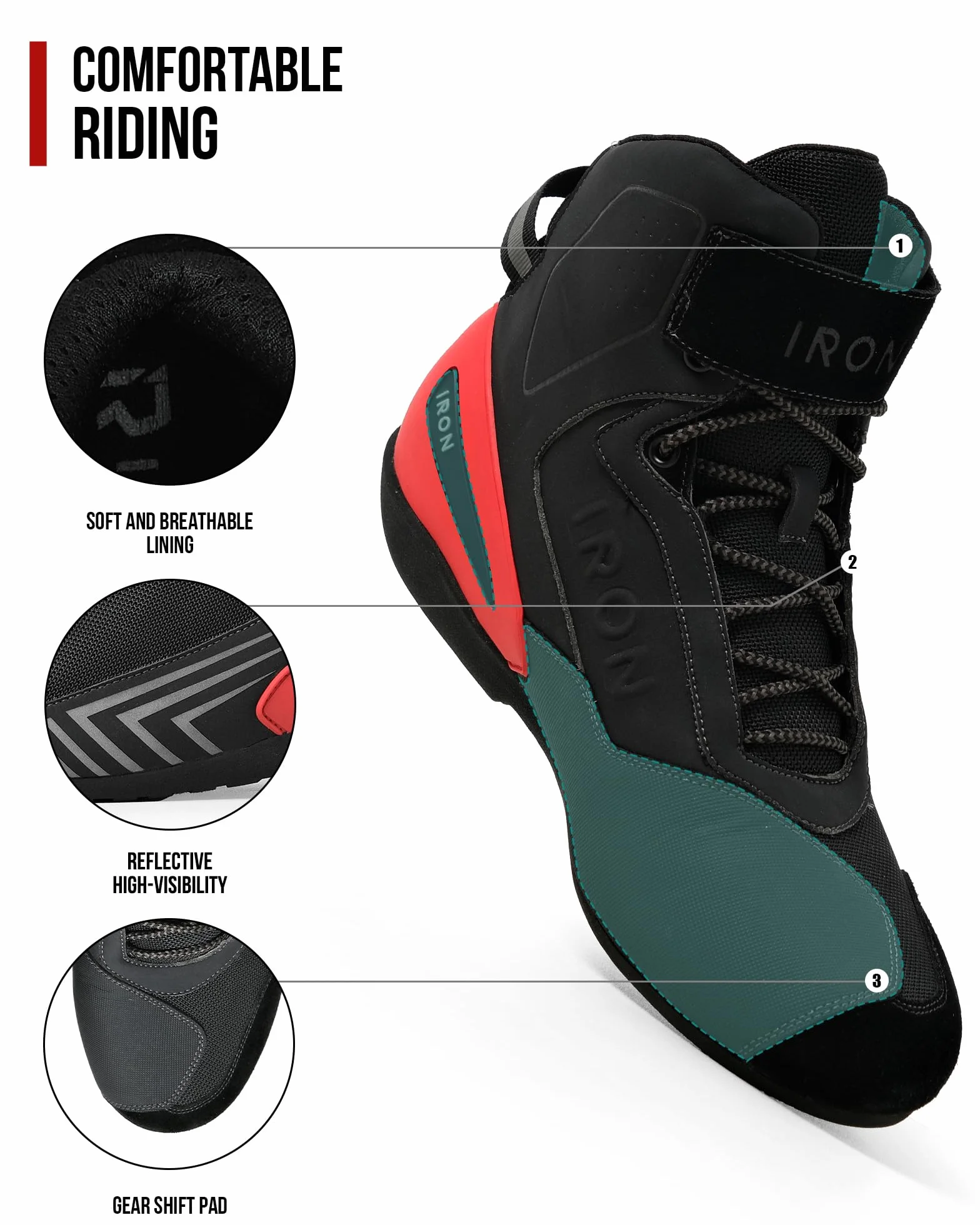 RIDEIRON Scarpe Moto Uomo 40–46 – Sneaker Moto Traspiranti con Rinforzo alla Caviglia e Tallone, Protezione Cambio, Dettagli Riflettenti e Suola Antiscivolo