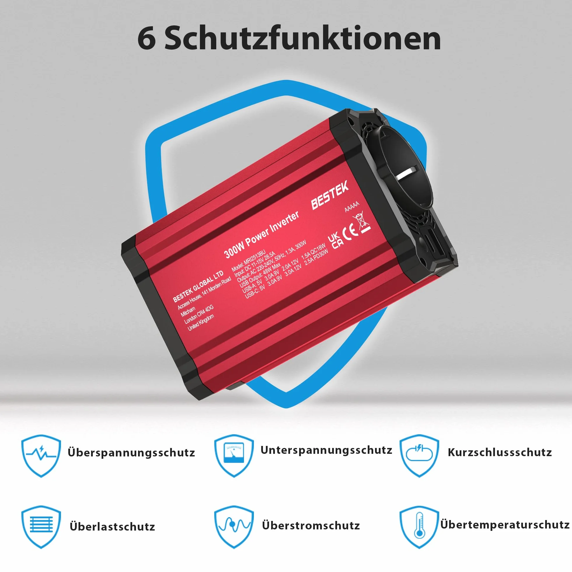 BESTEK 300W Inverter 12V 220V Convertitore Auto USB-C PD 30W USB QC 18W Prise EU