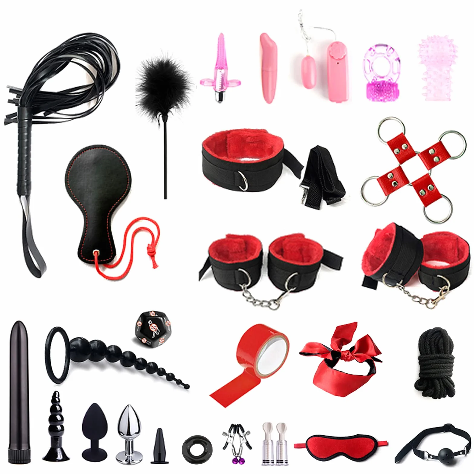 BDSMYOU Bondage Set 28 pezzi Manette Plug Anale Vibratore Frustino Morsetti Capezzoli Choker Ball Gag Sessuali Rosso