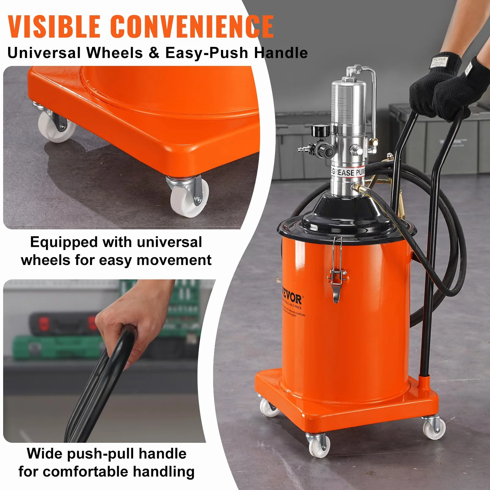 VEVOR Pompa per Grasso Pneumatica Rapporto di Pressione 50:1 Pompa per Secchio Grasso Pneumatica 20 Litri Pistola per Grasso Pompa Grasso Portatile Ruote Tubo da 4m Ugello a 360° Raccordo NPT Standard