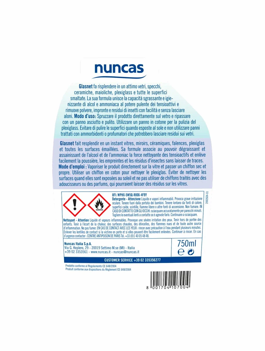 Nuncas Glasnet Detergente Vetri e Specchi 750ml