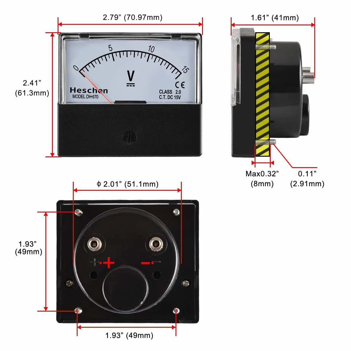 Heschen Voltmetro Rettangolare Analogico DH-670 DC 0-15 V Classe 2.0 CE